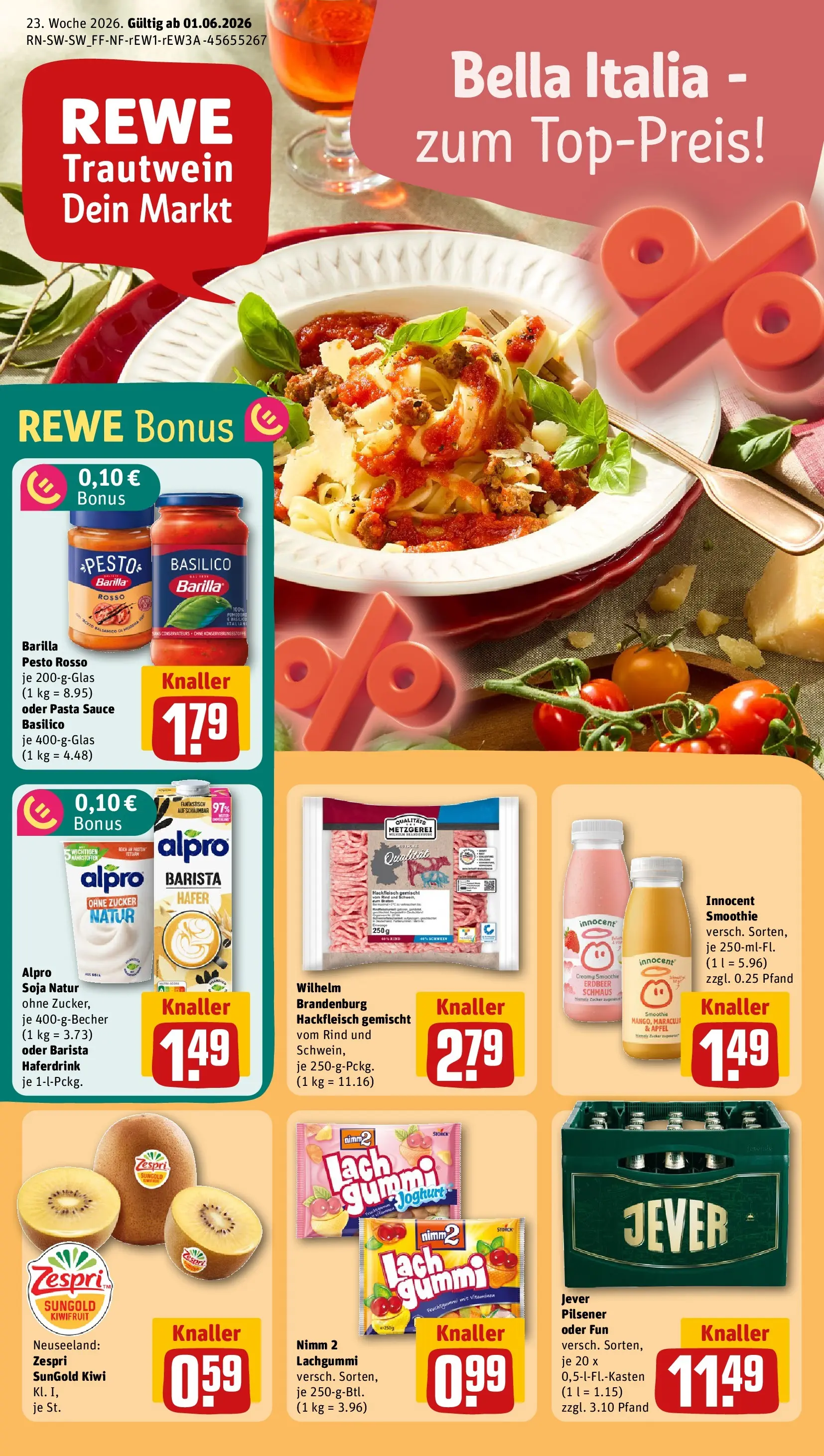REWE Prospekt ab 31.05.2026 zum Blättern » Angebote | Seite: 1 | Produkte: Barilla, Zucker, Pasta, Kiwi