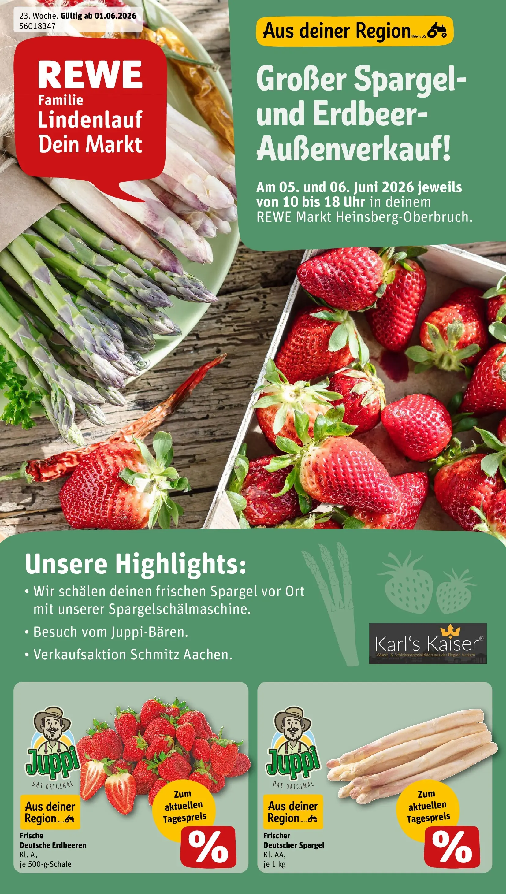 REWE Prospekt ab 01.06.2026 zum Blättern » Angebote | Seite: 1 | Produkte: Spargel, Wurst, Erdbeeren, Uhr