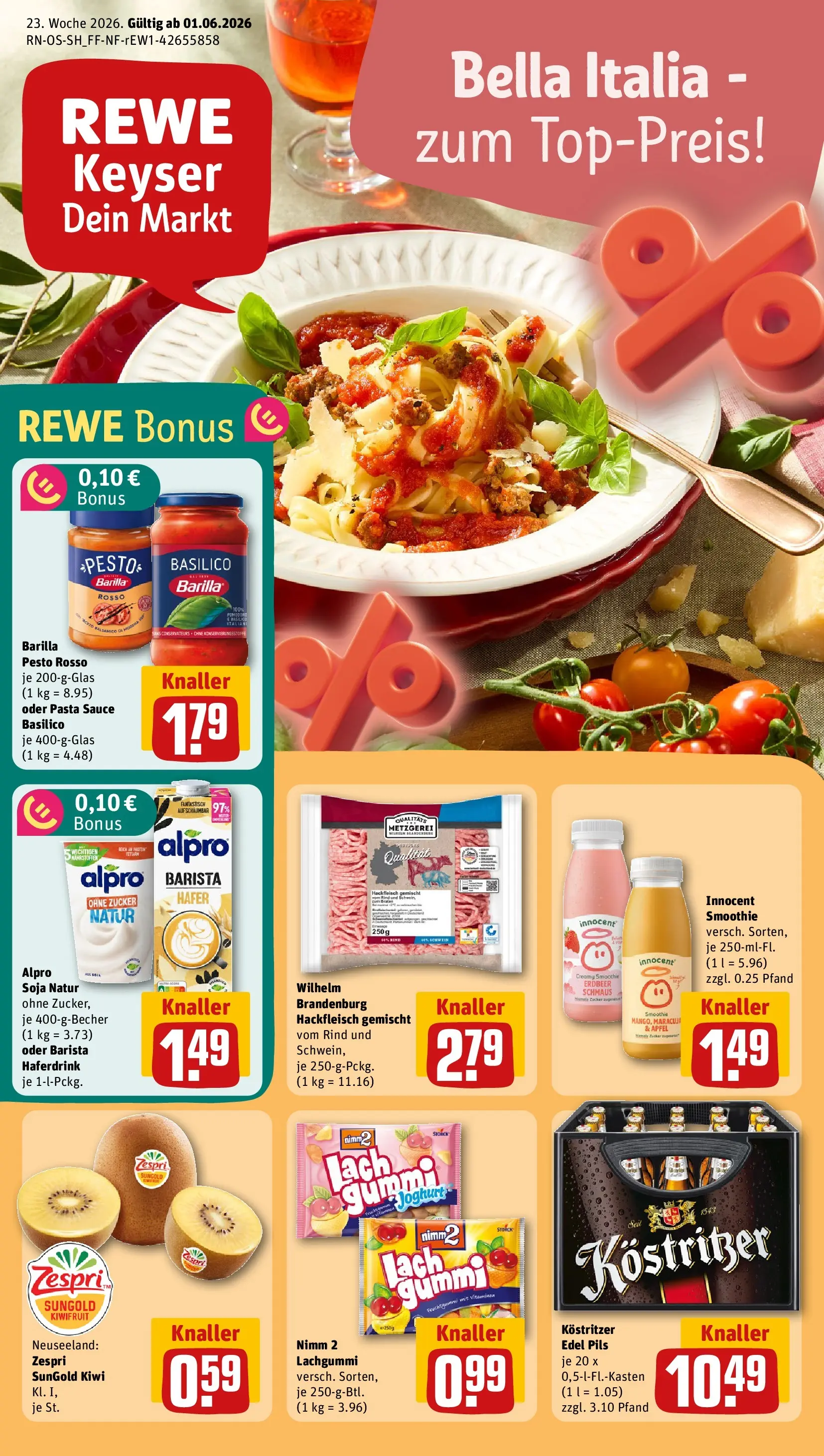 REWE Prospekt ab 31.05.2026 zum Blättern » Angebote | Seite: 1 | Produkte: Barilla, Barilla pesto, Zucker, Kiwi