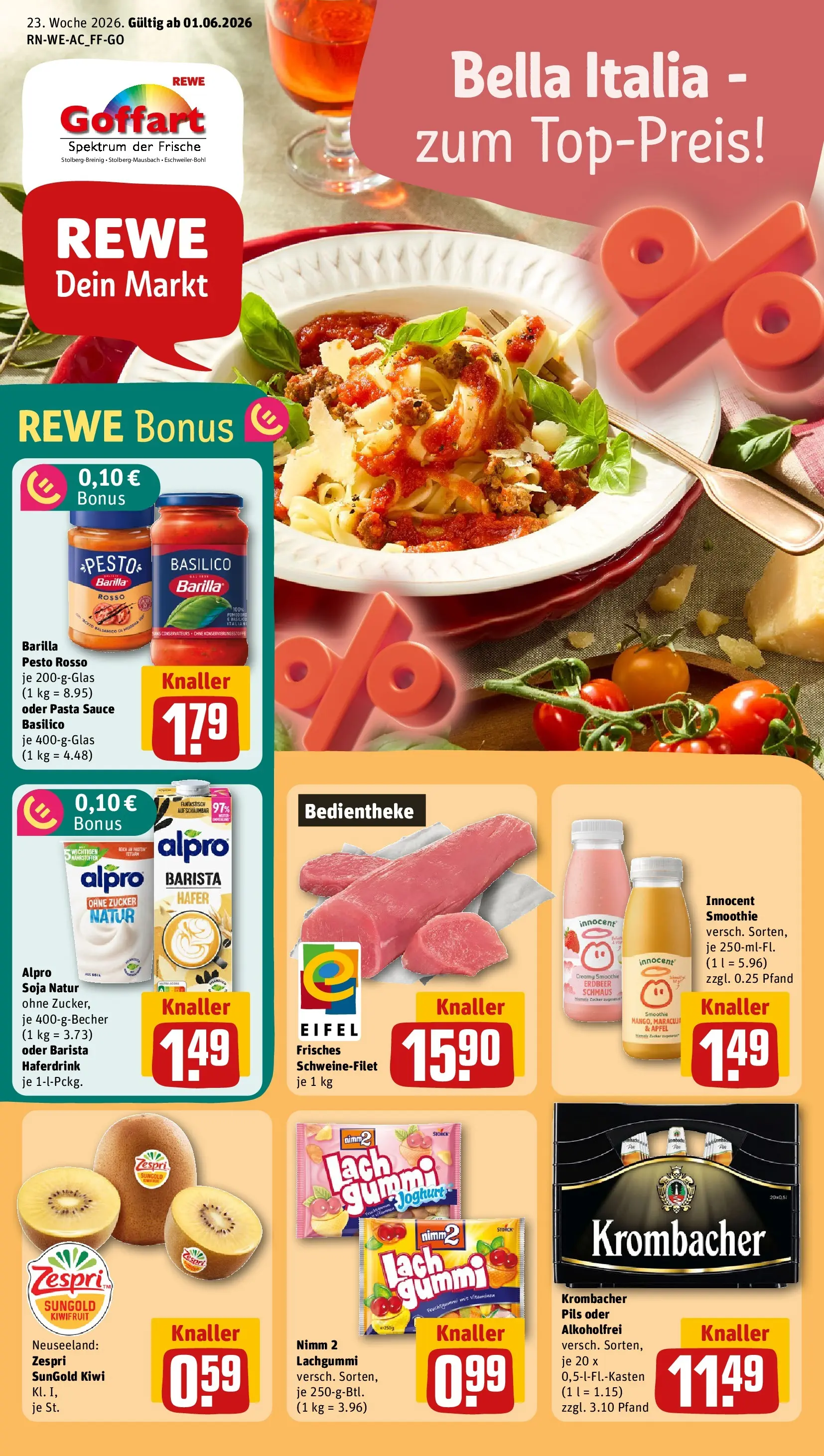 REWE Prospekt ab 01.06.2026 zum Blättern » Angebote | Seite: 1 | Produkte: Barilla, Haferdrink, Schweinefilet, Alpro