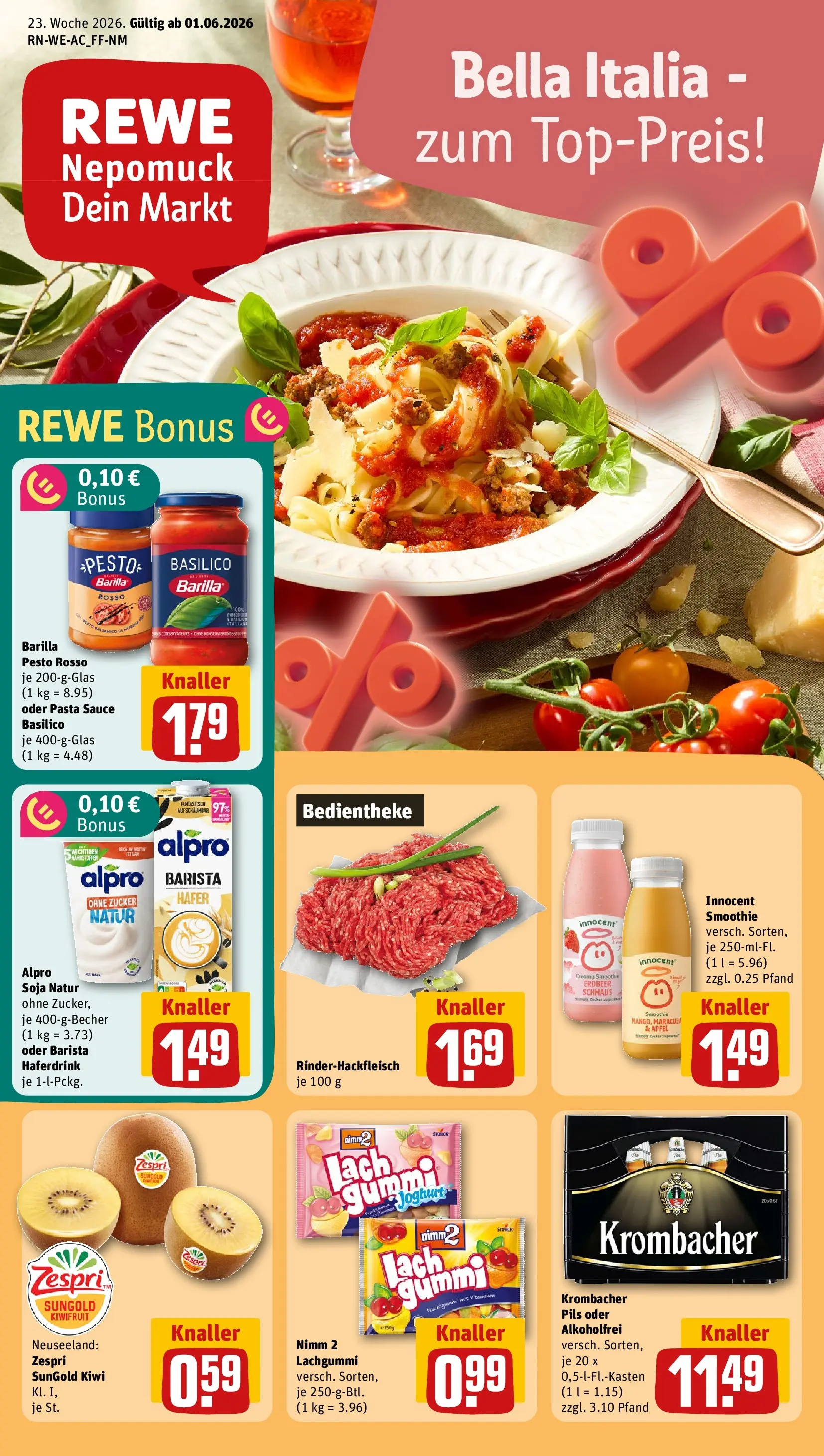 REWE Prospekt ab 01.06.2026 zum Blättern » Angebote | Seite: 1 | Produkte: Barilla, Barilla pesto, Haferdrink, Krombacher
