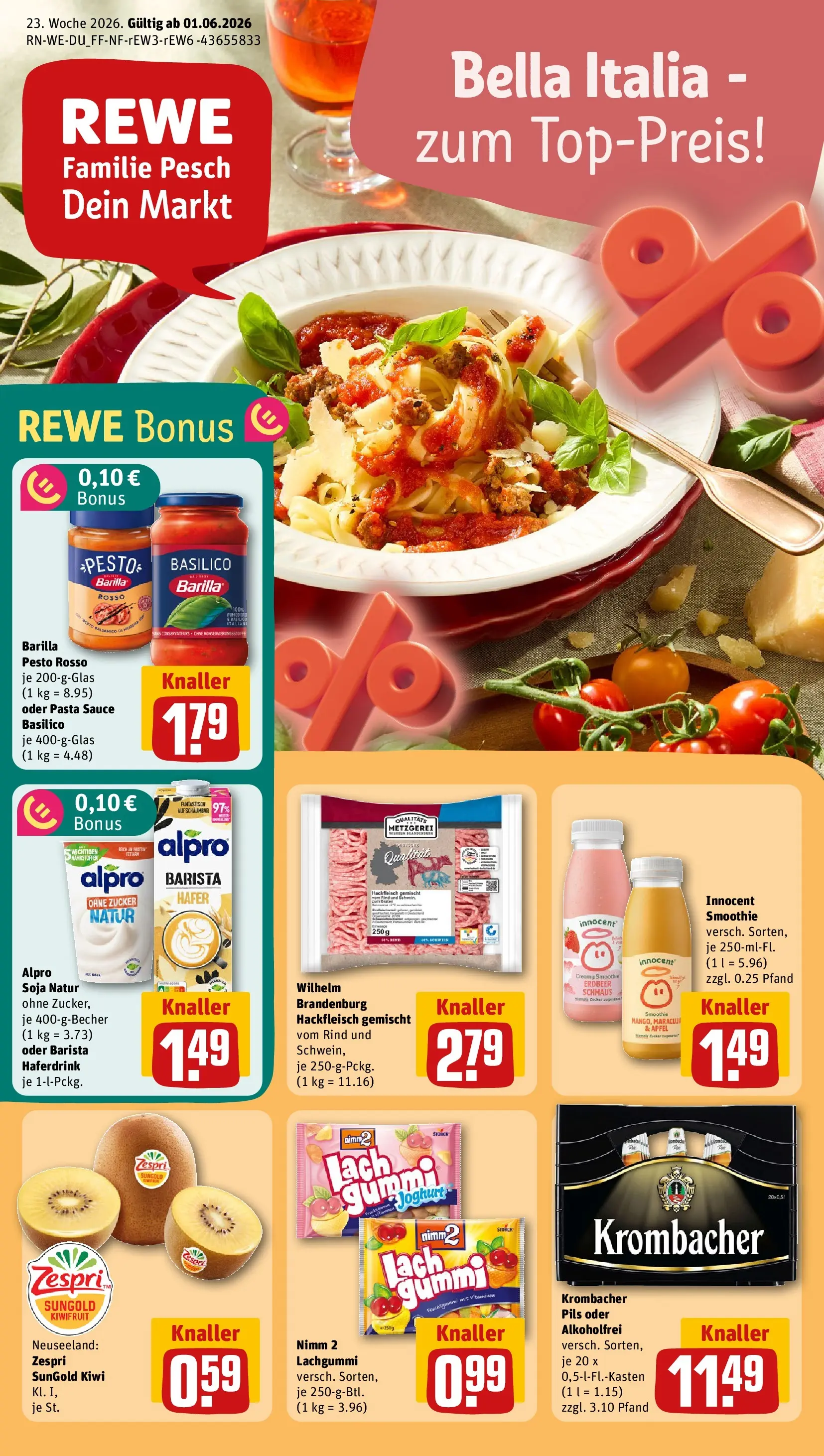 REWE Prospekt ab 31.05.2026 zum Blättern » Angebote | Seite: 1 | Produkte: Barilla, Pils, Äpfel, Krombacher