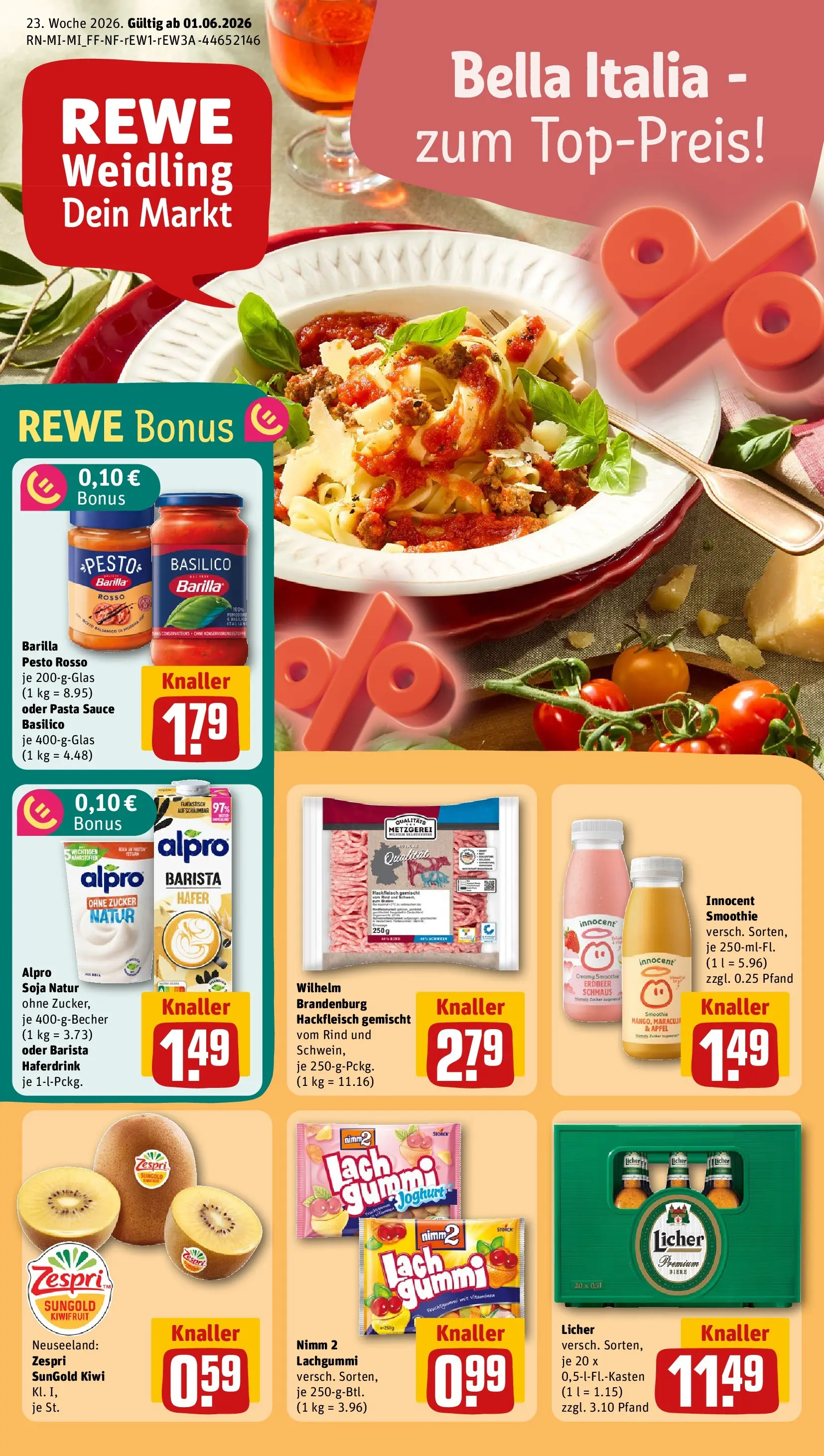 REWE Prospekt ab 01.06.2026 zum Blättern » Angebote | Seite: 1 | Produkte: Barilla, Alpro, Zucker, Kiwi