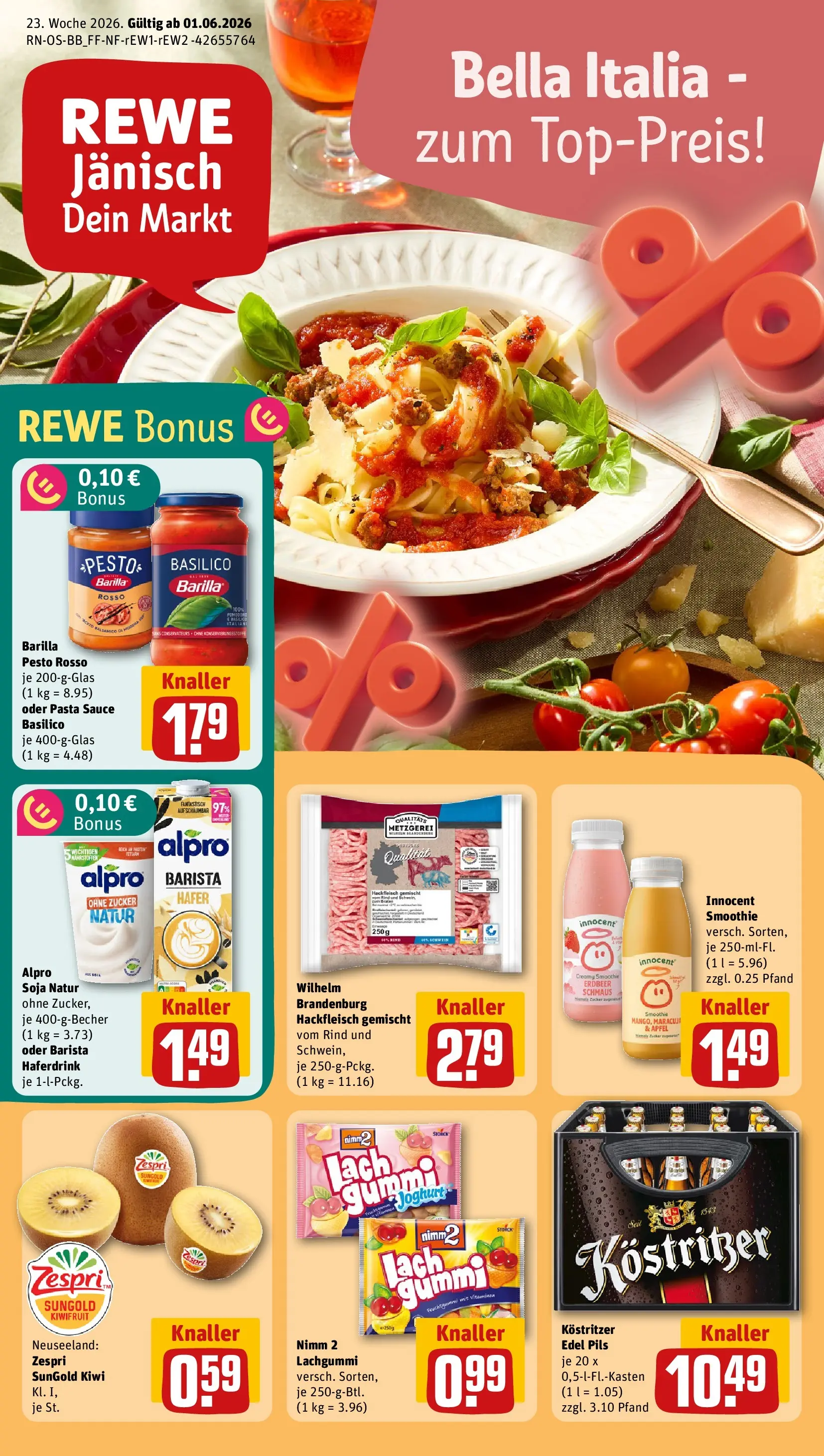 REWE Prospekt ab 31.05.2026 zum Blättern » Angebote | Seite: 1 | Produkte: Kostritzer, Zucker, Pasta, Hackfleisch