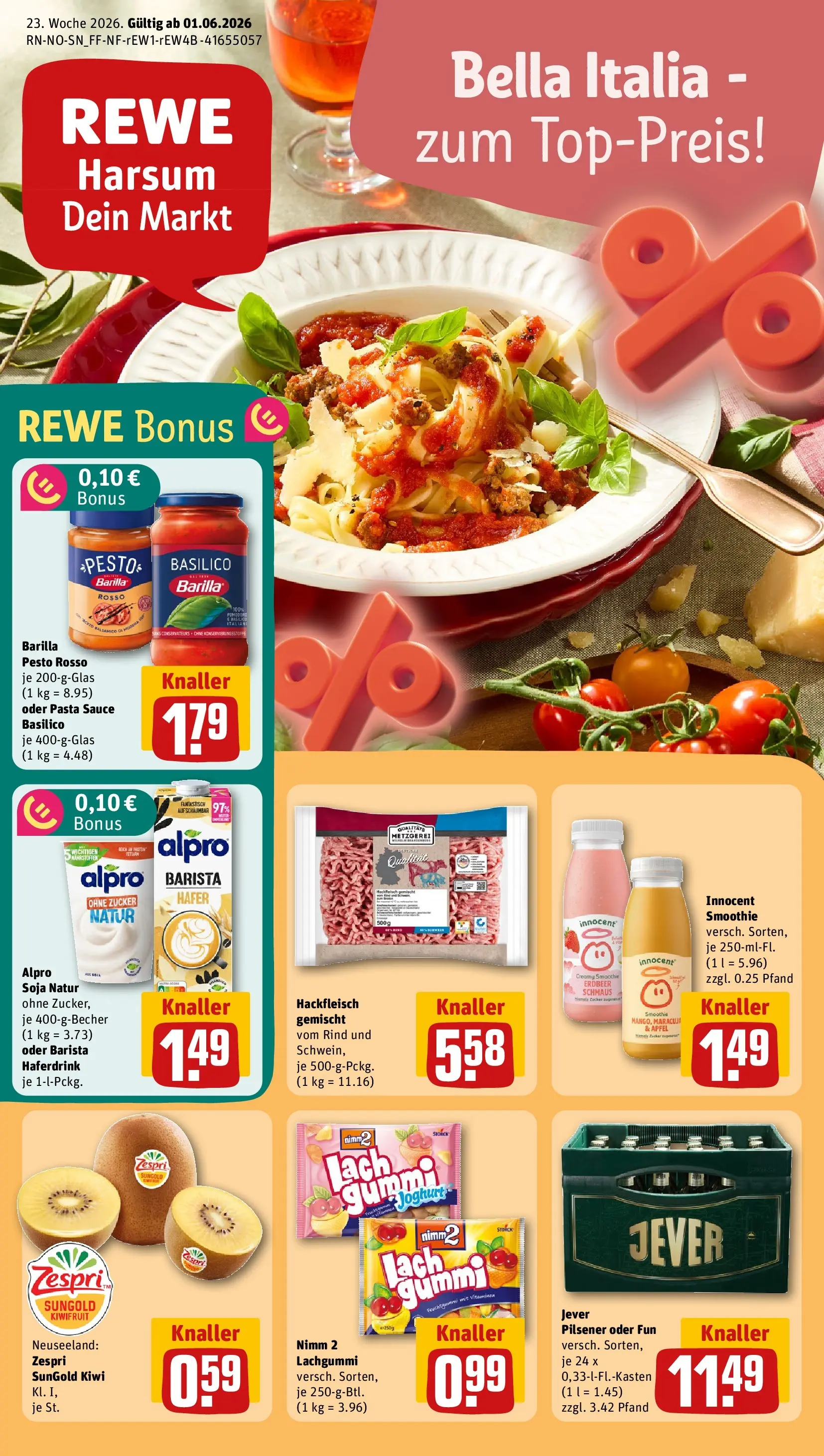 REWE Prospekt ab 01.06.2026 zum Blättern » Angebote | Seite: 1 | Produkte: Barilla, Barilla pesto, Haferdrink, Jever