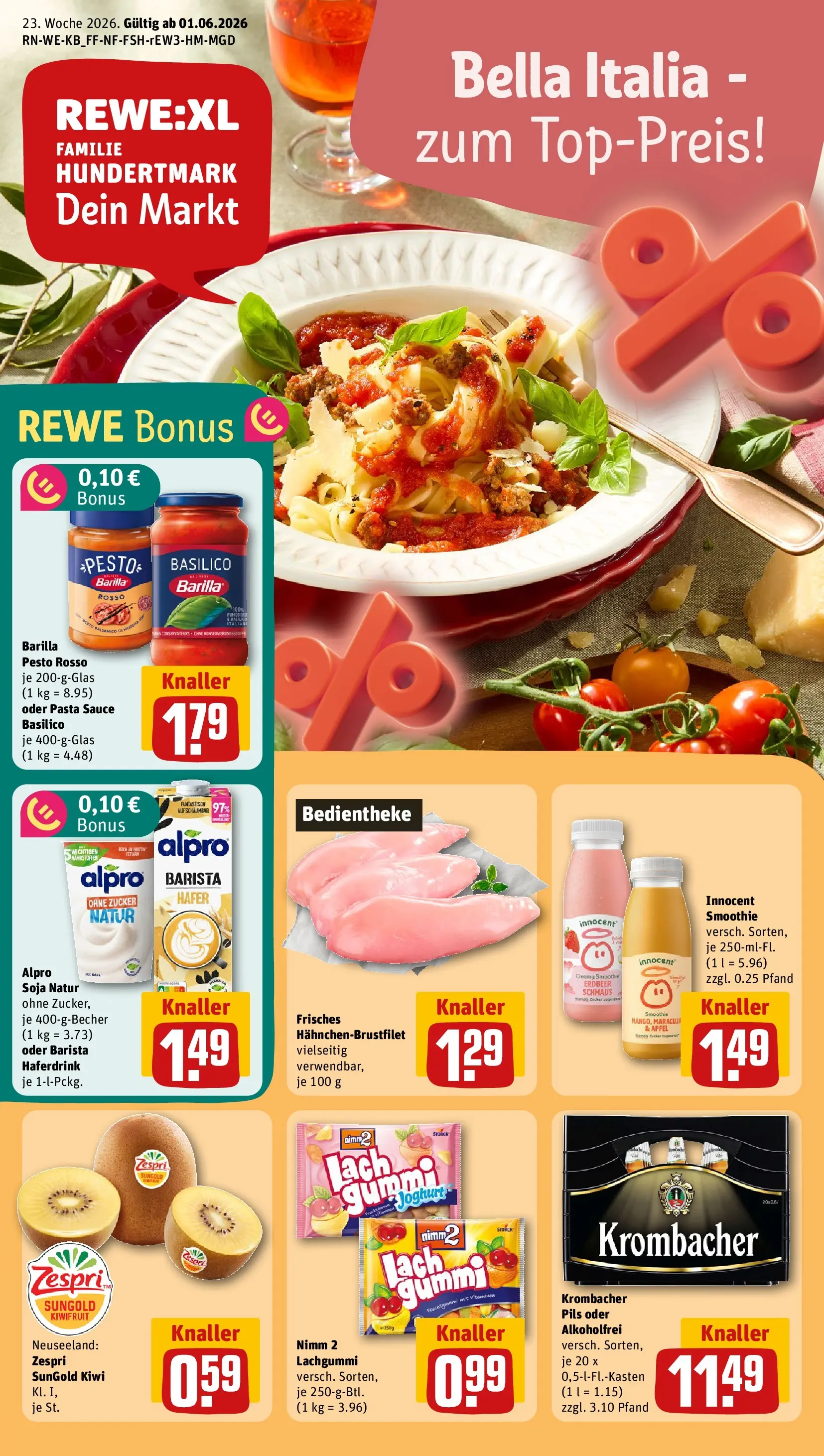 REWE Prospekt ab 01.06.2026 zum Blättern » Angebote | Seite: 1 | Produkte: Barilla pesto, Alpro, Zucker, Krombacher