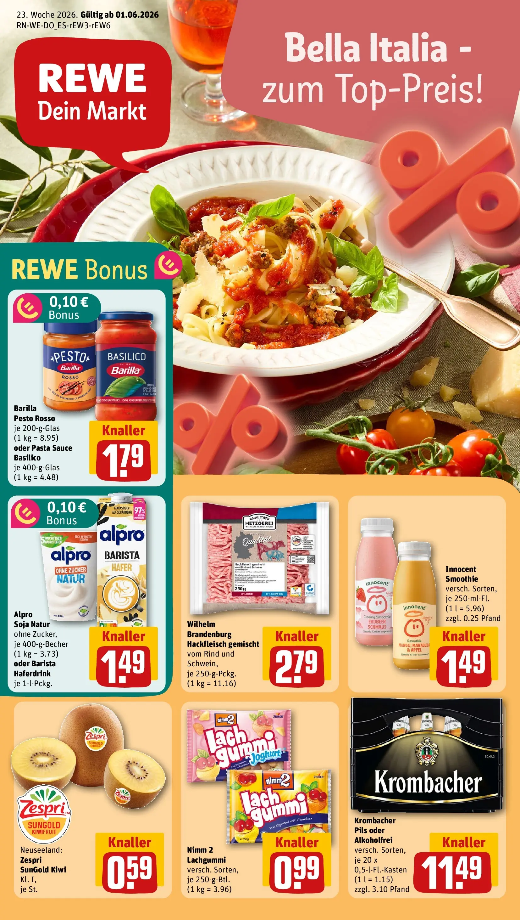 REWE Prospekt ab 01.06.2026 zum Blättern » Angebote | Seite: 1 | Produkte: Barilla, Pils, Pasta, Hackfleisch