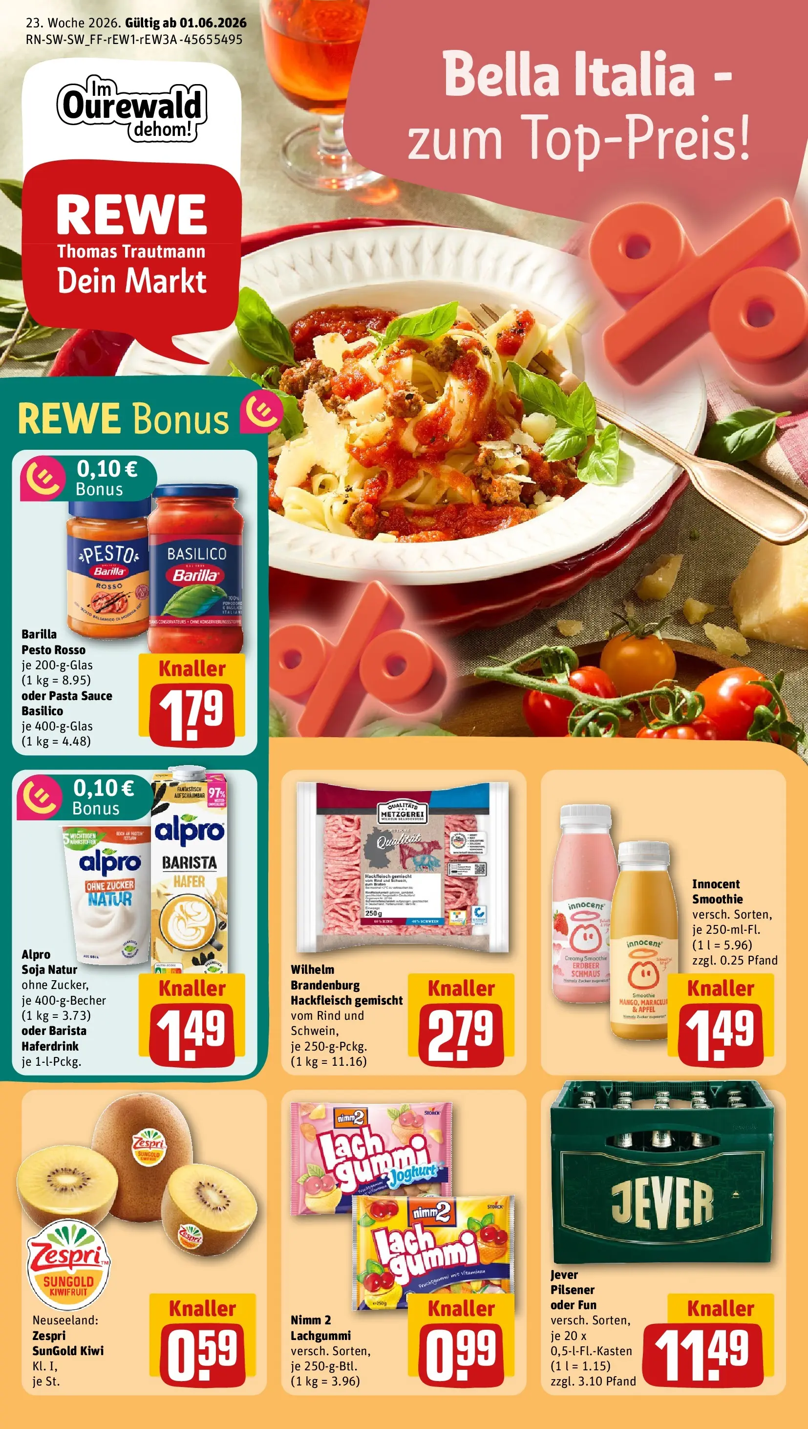 REWE Prospekt ab 01.06.2026 zum Blättern » Angebote | Seite: 1 | Produkte: Barilla pesto, Jever, Pasta, Kiwi