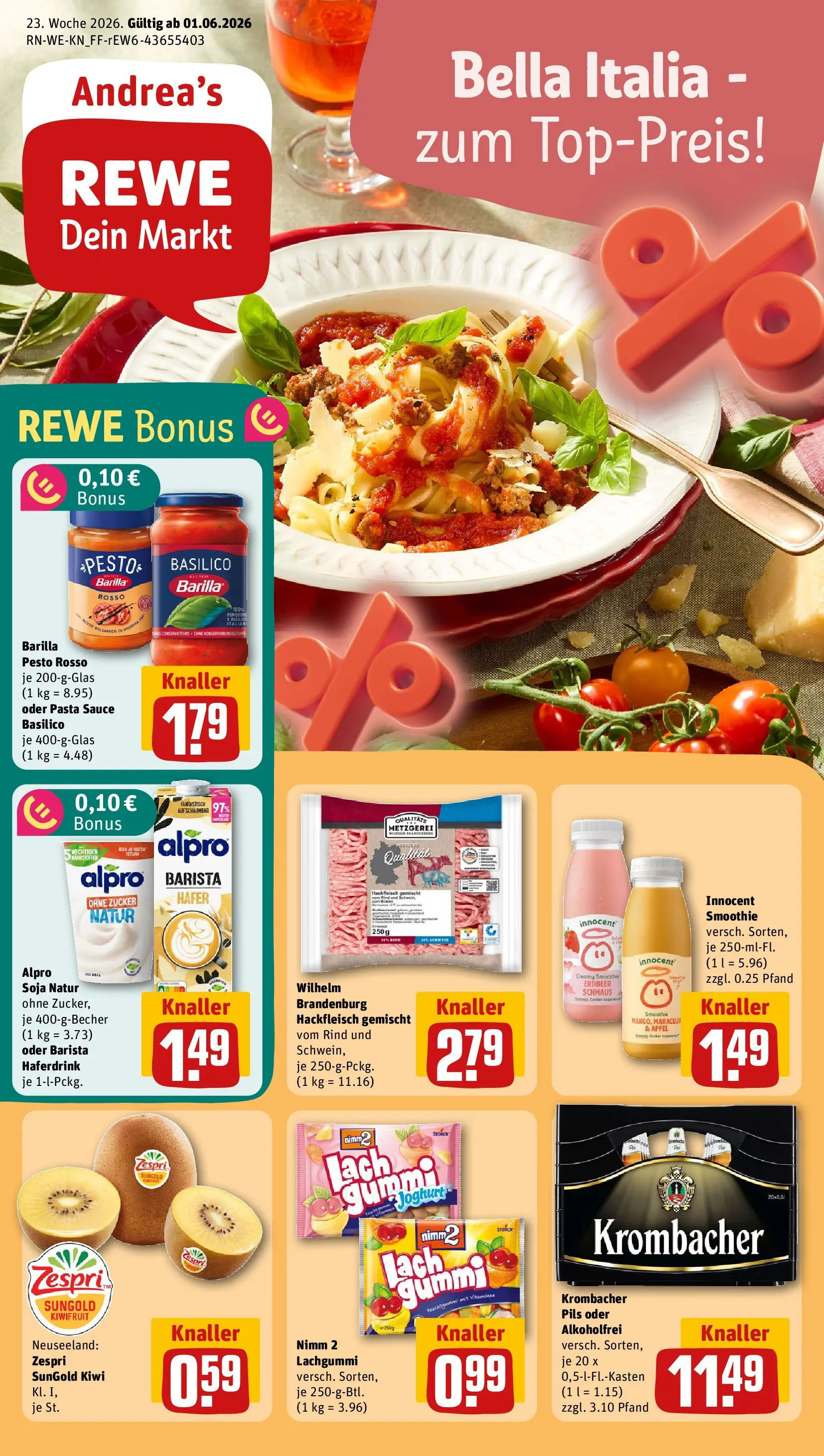 REWE Prospekt ab 01.06.2026 zum Blättern » Angebote | Seite: 1 | Produkte: Barilla pesto, Pils, Haferdrink, Zucker