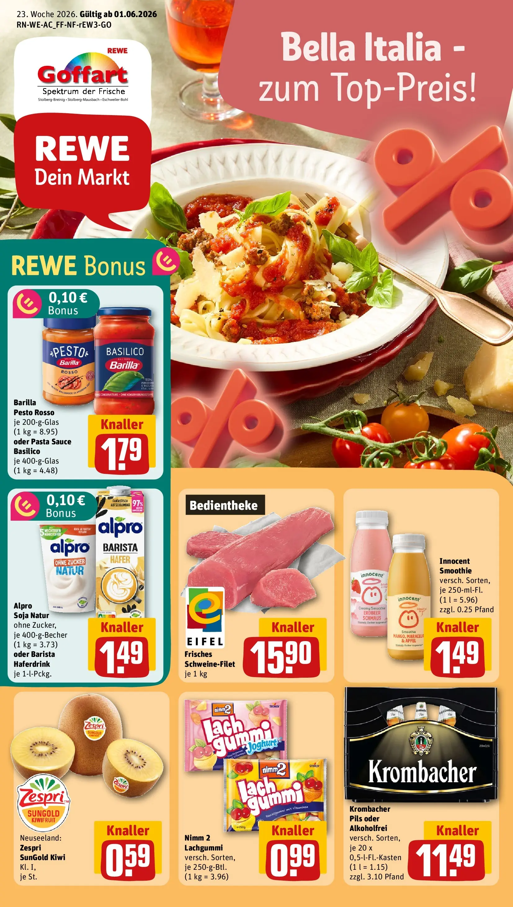 REWE Prospekt ab 01.06.2026 zum Blättern » Angebote | Seite: 1 | Produkte: Barilla, Haferdrink, Schweinefilet, Alpro