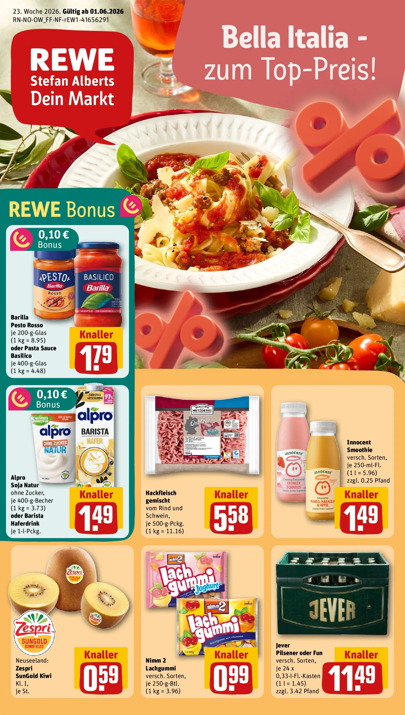 REWE Prospekt ab 01.06.2026 zum Blättern » Angebote | Seite: 1 | Produkte: Barilla, Alpro, Jever, Hackfleisch
