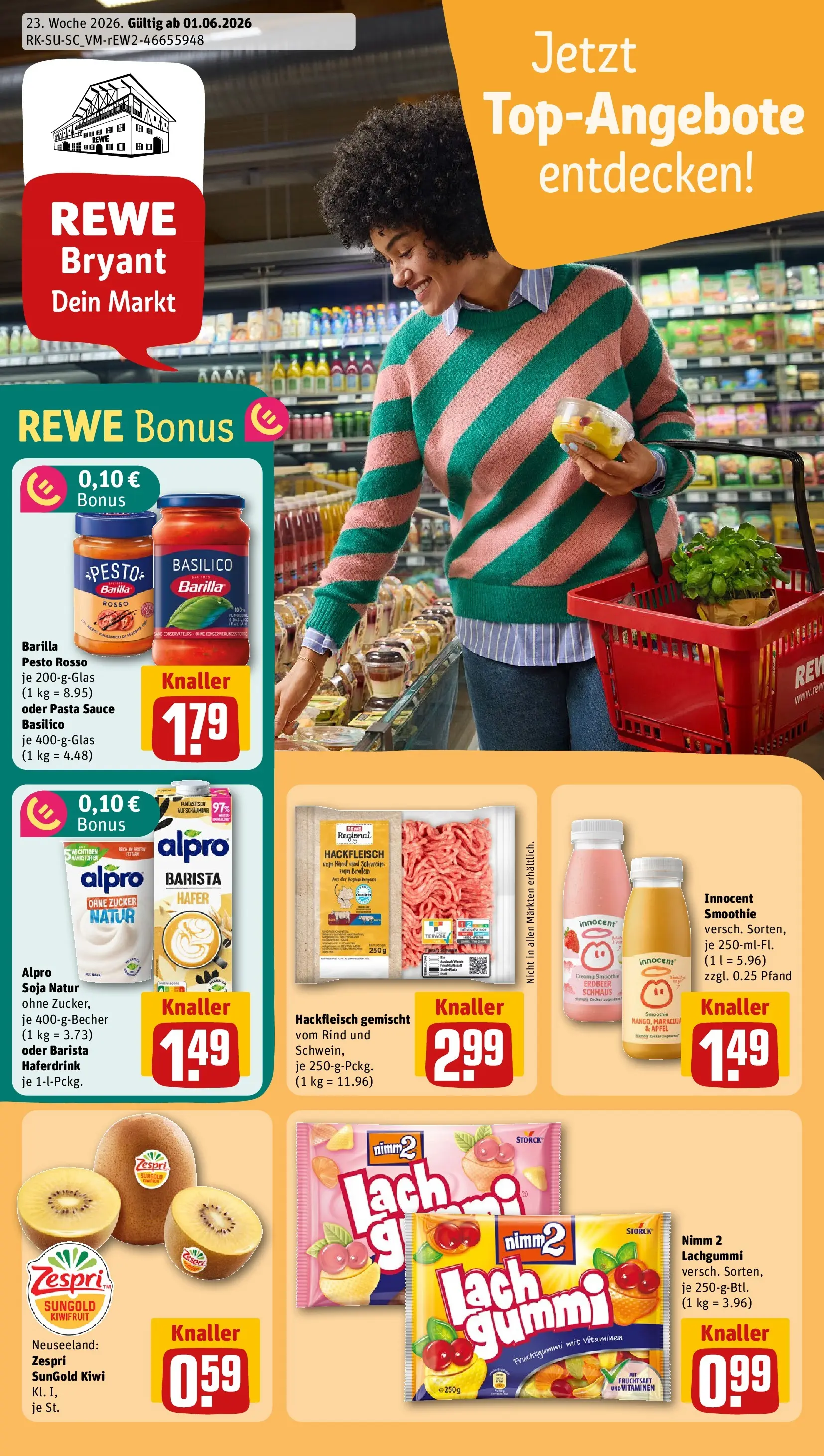 REWE Prospekt ab 01.06.2026 zum Blättern » Angebote | Seite: 1 | Produkte: Zucker, Pasta, Kiwi, Hackfleisch