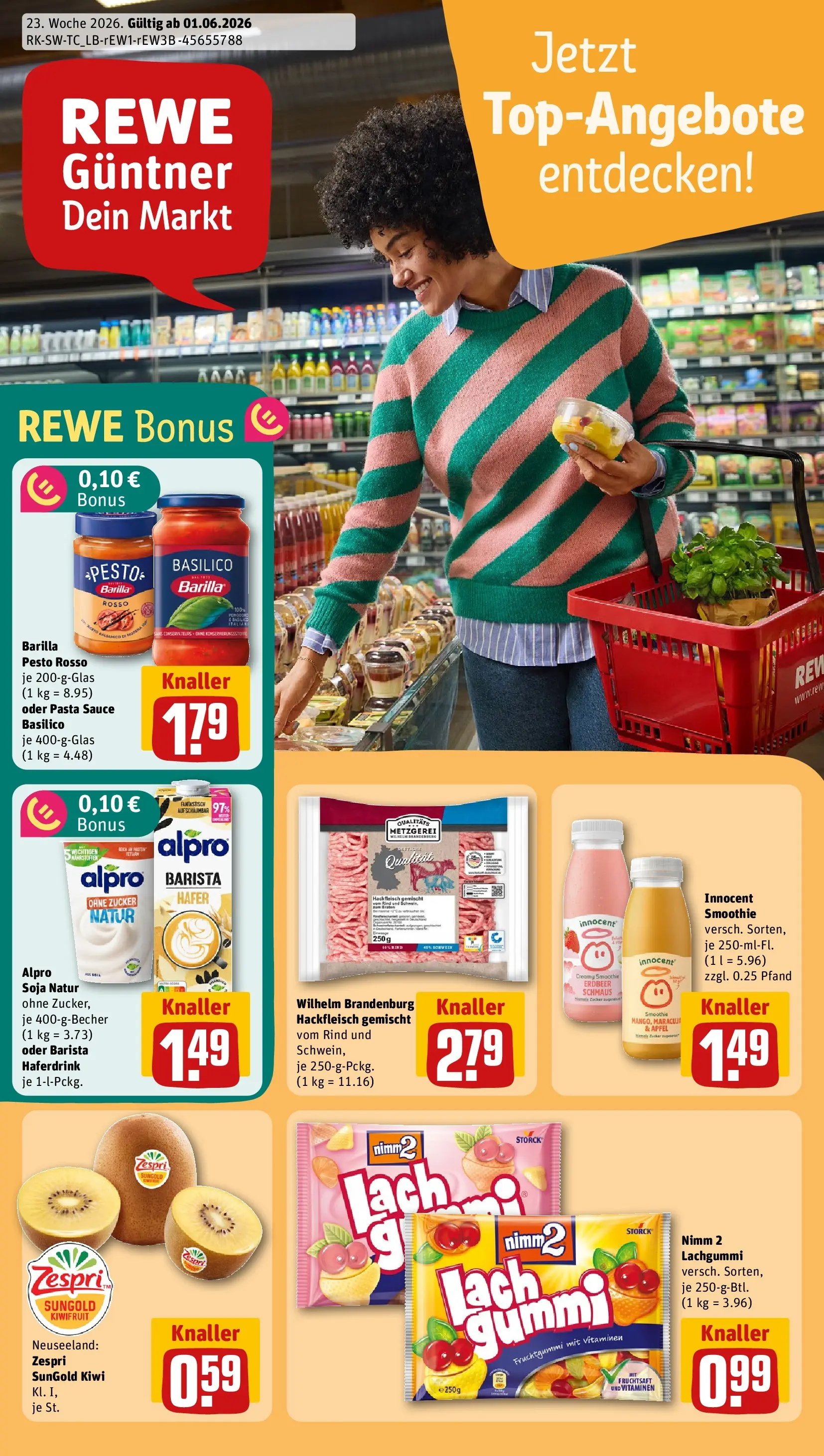 REWE Prospekt ab 31.05.2026 zum Blättern » Angebote | Seite: 1 | Produkte: Barilla pesto, Haferdrink, Kiwi, Fruchtsaft