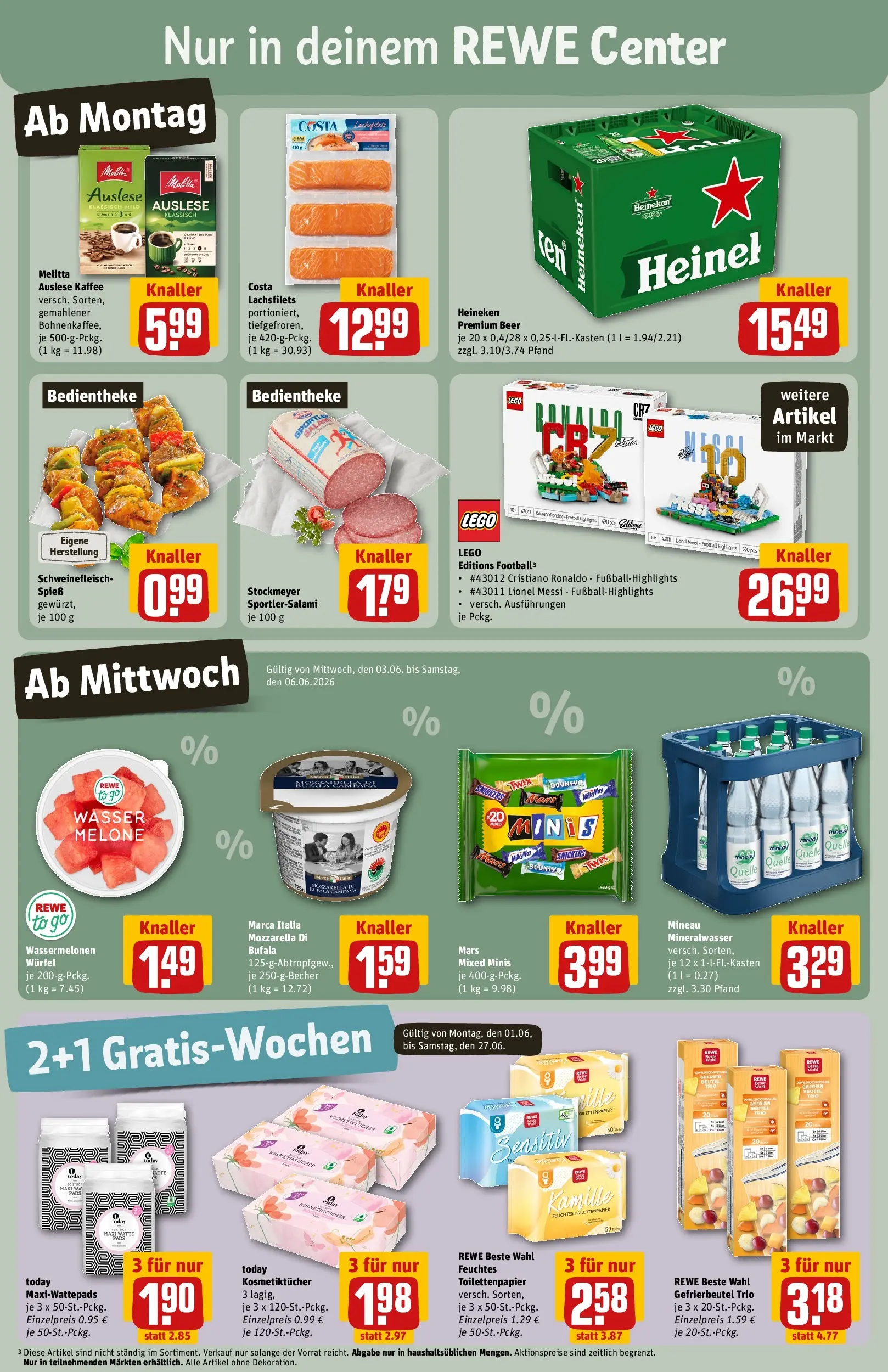 REWE Prospekt ab 01.06.2026 zum Blättern » Angebote | Seite: 3 | Produkte: Kaffee, Mineralwasser, Wasser, Melone