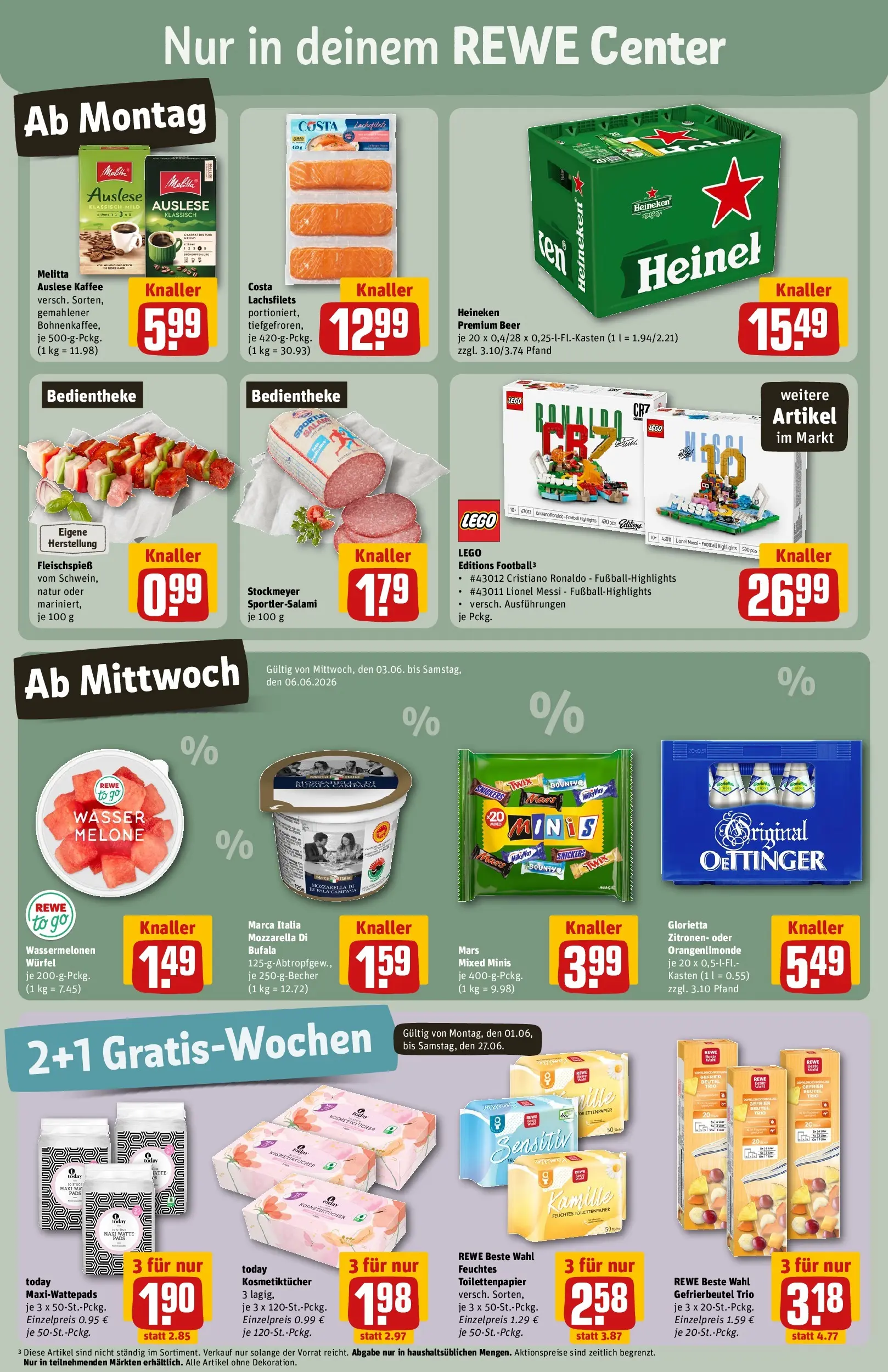 REWE Prospekt ab 01.06.2026 zum Blättern » Angebote | Seite: 3 | Produkte: Snickers, Mars, Salami, Feuchtes Toilettenpapier