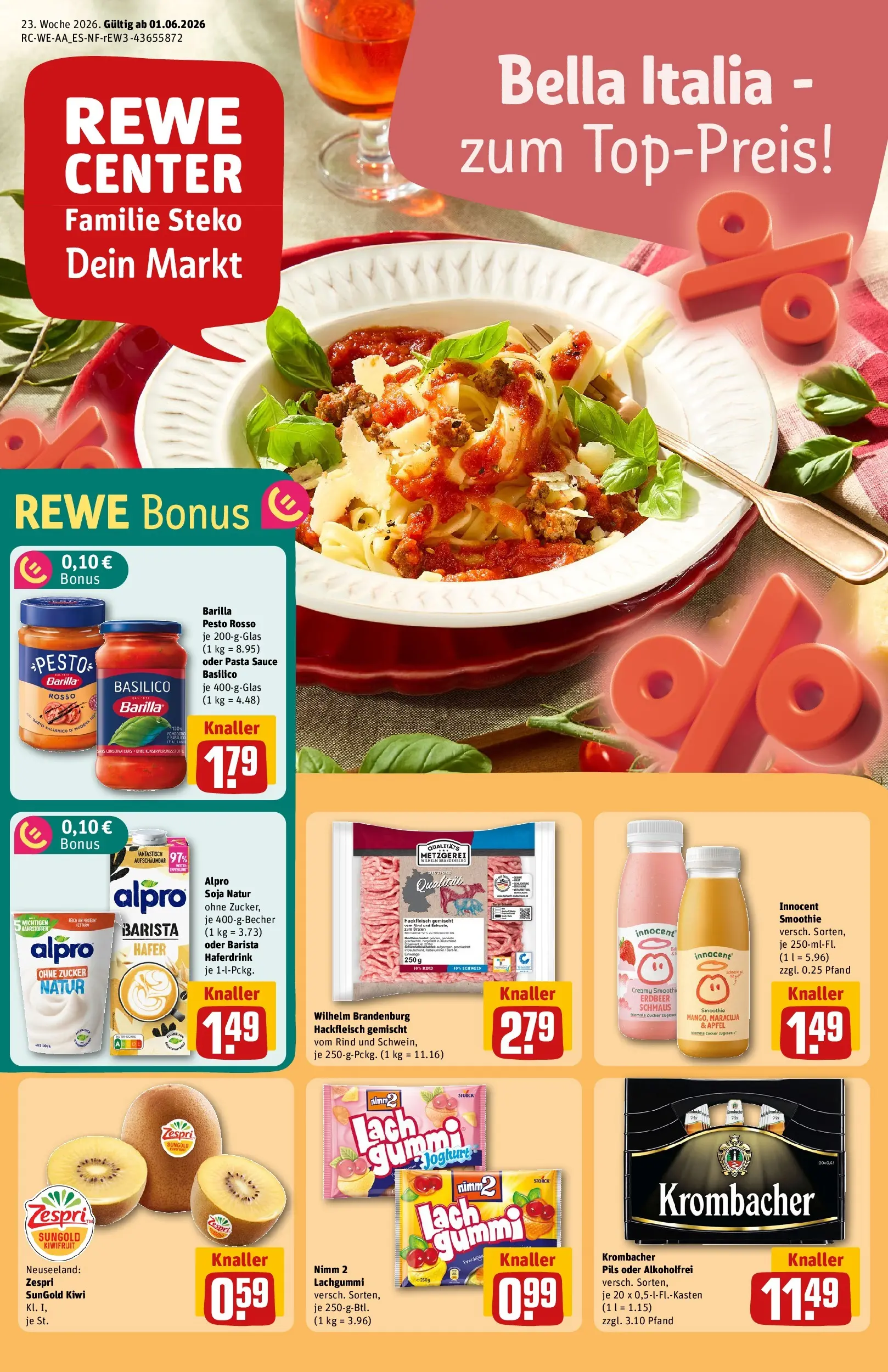 REWE Prospekt ab 01.06.2026 zum Blättern » Angebote | Seite: 1 | Produkte: Joghurt, Haferdrink, Pasta, Hackfleisch