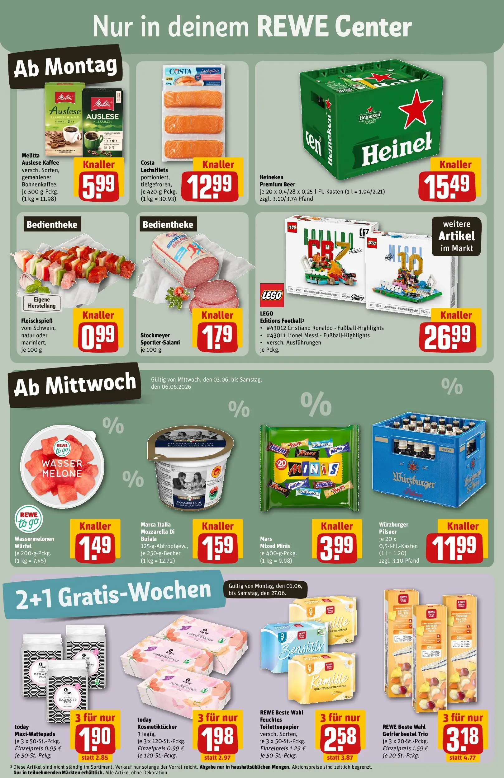 REWE Prospekt ab 01.06.2026 zum Blättern » Angebote | Seite: 3 | Produkte: Kaffee, Wasser, Salami, Toilettenpapier