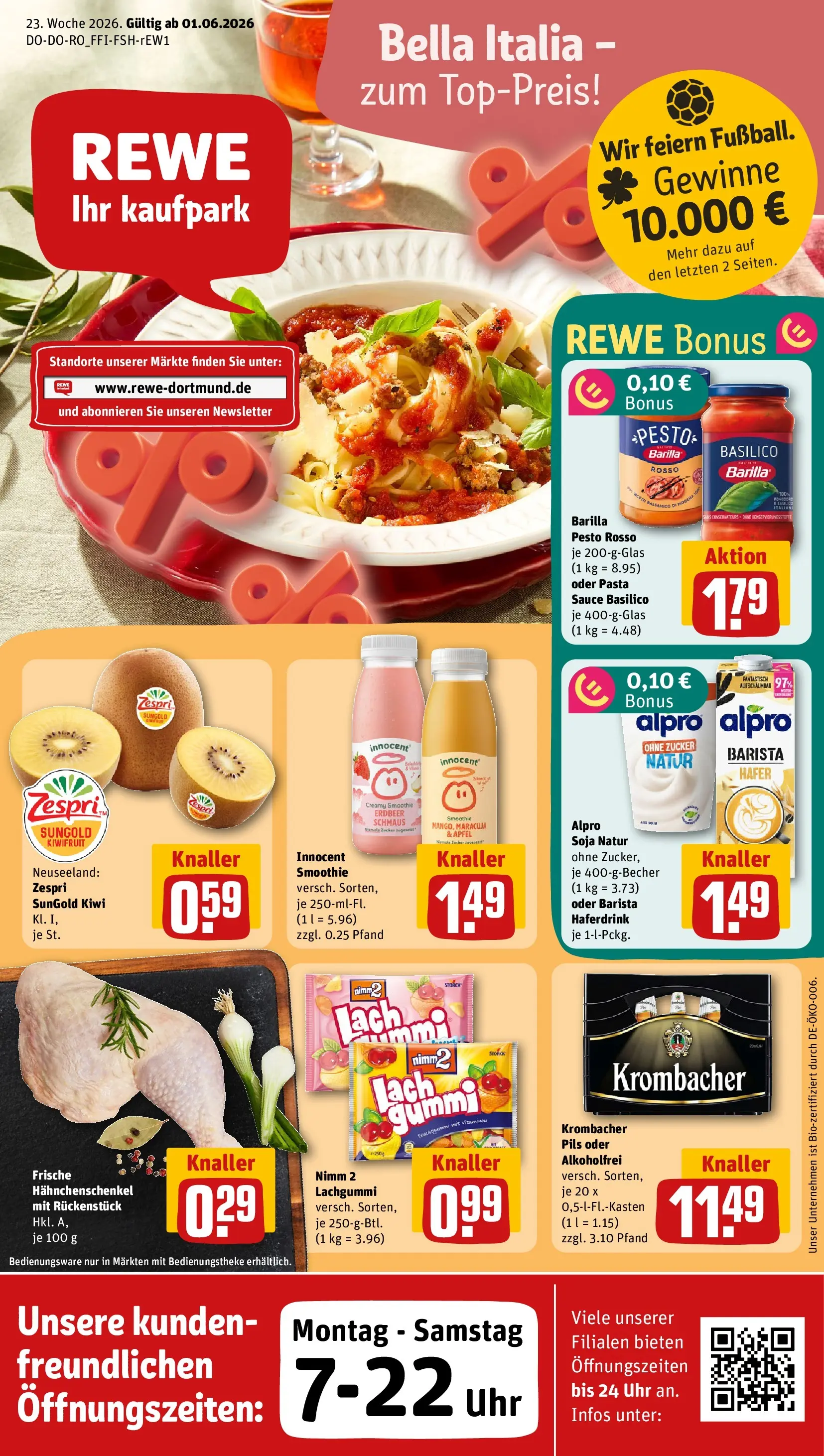 REWE Prospekt ab 01.06.2026 zum Blättern » Angebote | Seite: 1 | Produkte: Hahnchenschenkel, Barilla, Pils, Pasta
