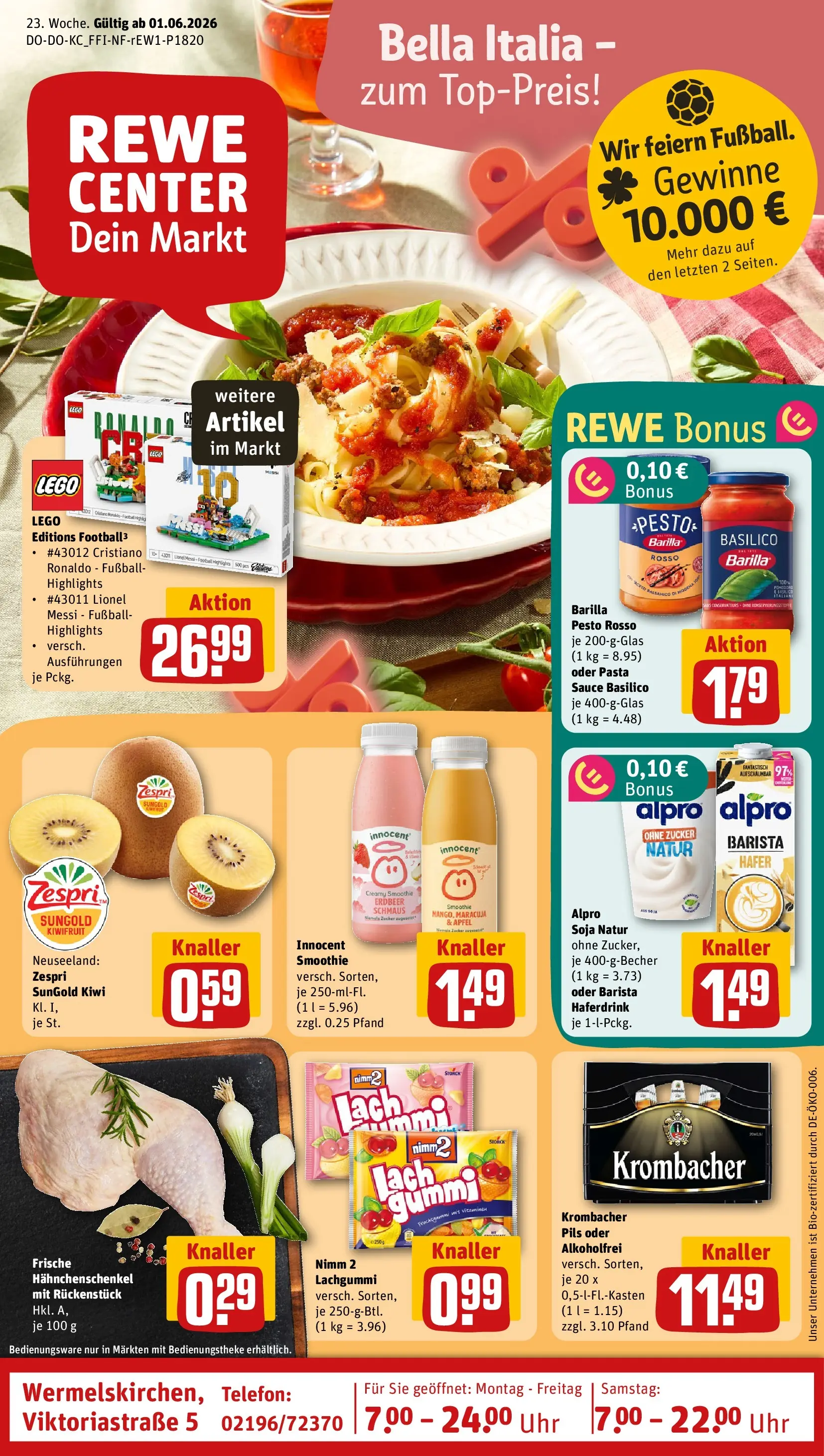 REWE Prospekt ab 01.06.2026 zum Blättern » Angebote | Seite: 1 | Produkte: Barilla, Äpfel, Krombacher, Pasta