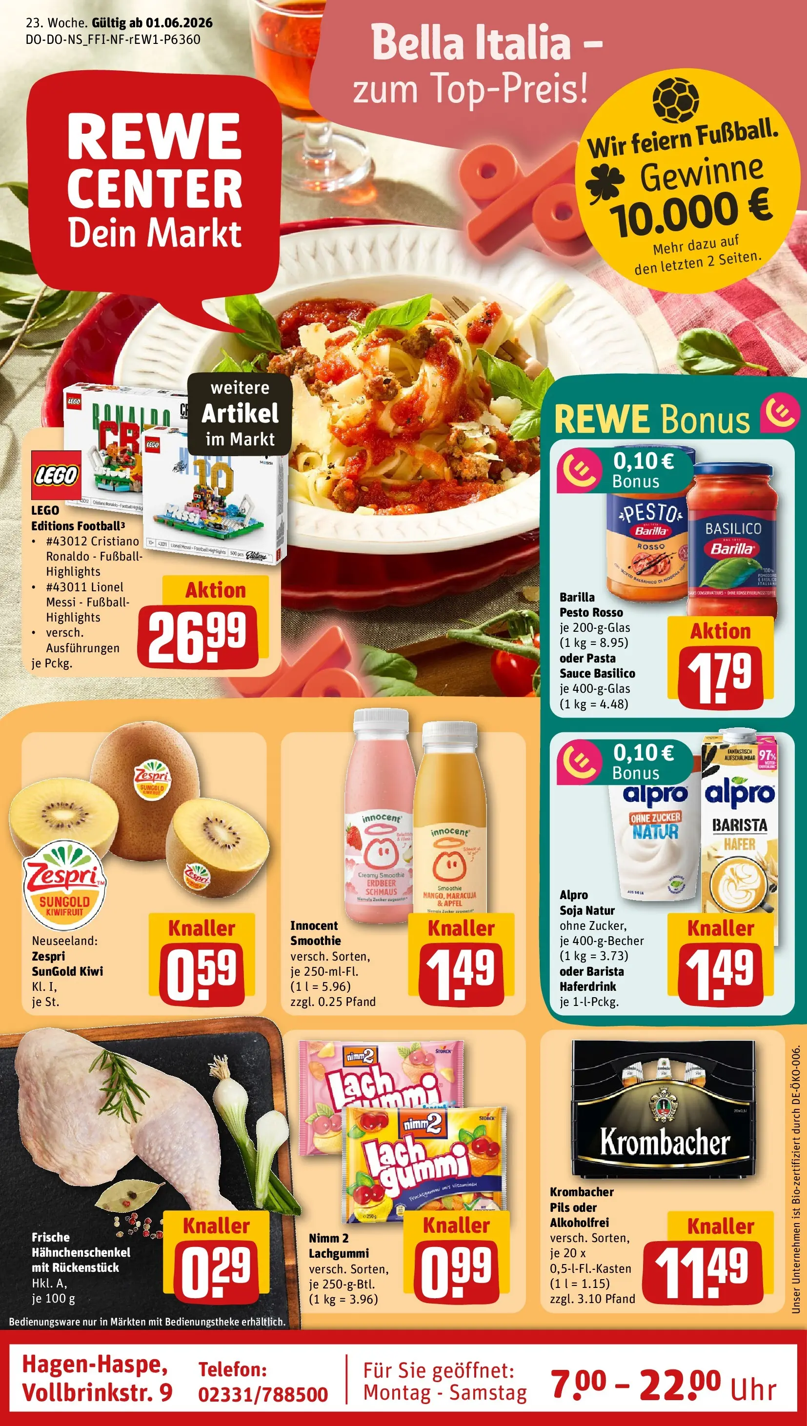 REWE Prospekt ab 01.06.2026 zum Blättern » Angebote | Seite: 1 | Produkte: Barilla pesto, Zucker, Krombacher, Pasta