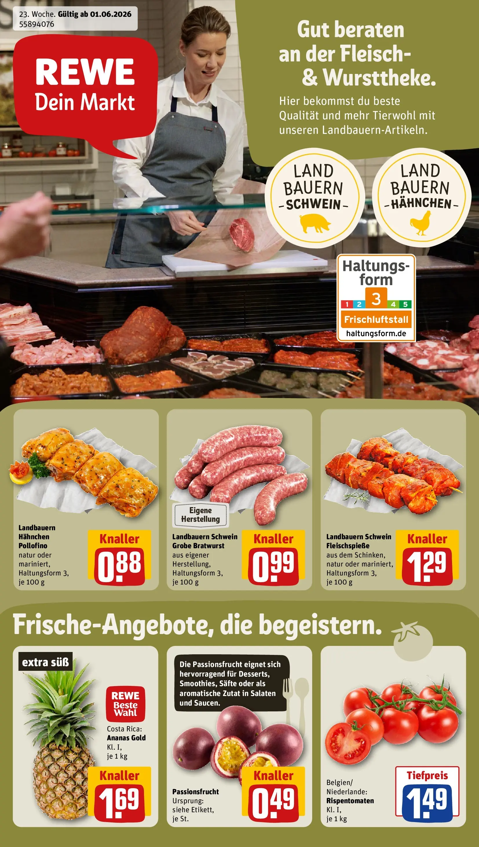 REWE Prospekt ab 01.06.2026 zum Blättern » Angebote | Seite: 1 | Produkte: Hahnchen, Bratwurst, Ananas, Fleisch