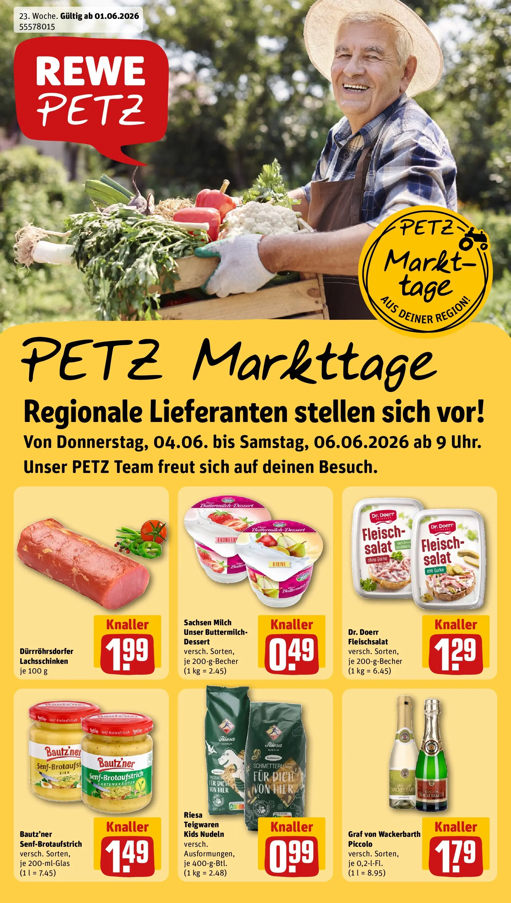 REWE Prospekt ab 01.06.2026 zum Blättern » Angebote | Seite: 1 | Produkte: Milch, Pasta, Nudeln, Salat