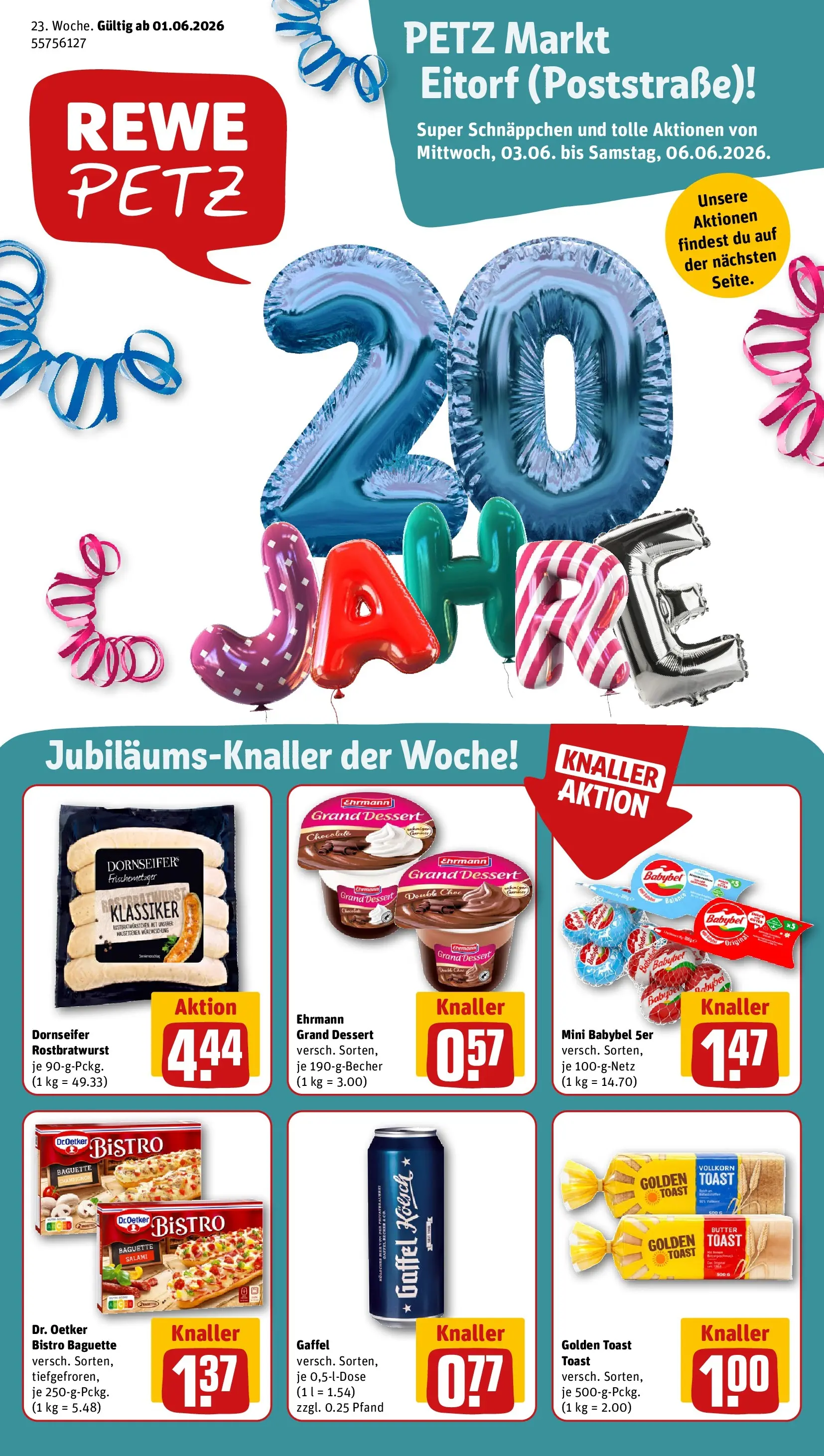 REWE Prospekt ab 01.06.2026 zum Blättern » Angebote | Seite: 1 | Produkte: Toast, Ehrmann grand dessert, Baguette, Salami