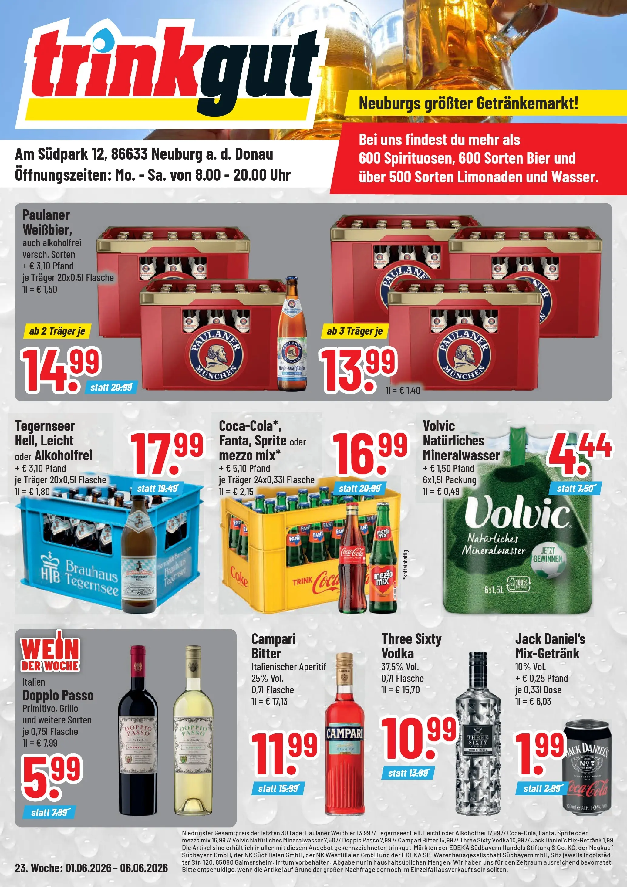 Trinkgut Prospekt Neuburg An Der Donau (ab 01.06.2026) » Angebote online | Seite: 1 | Produkte: Coca cola, Cola, Jack Daniel's, Doppio Passo