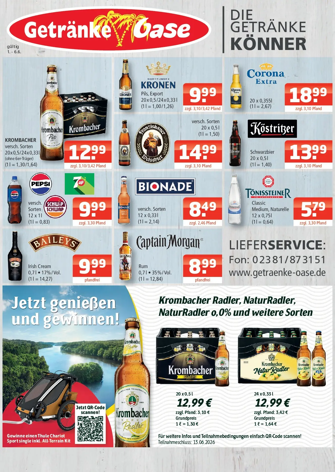 Angebote - Getränke Oase: Getränkeangebote (ab 31.05.2026) zum Blättern | Seite: 1 | Produkte: Bionade, Radler, Krombacher, Pepsi