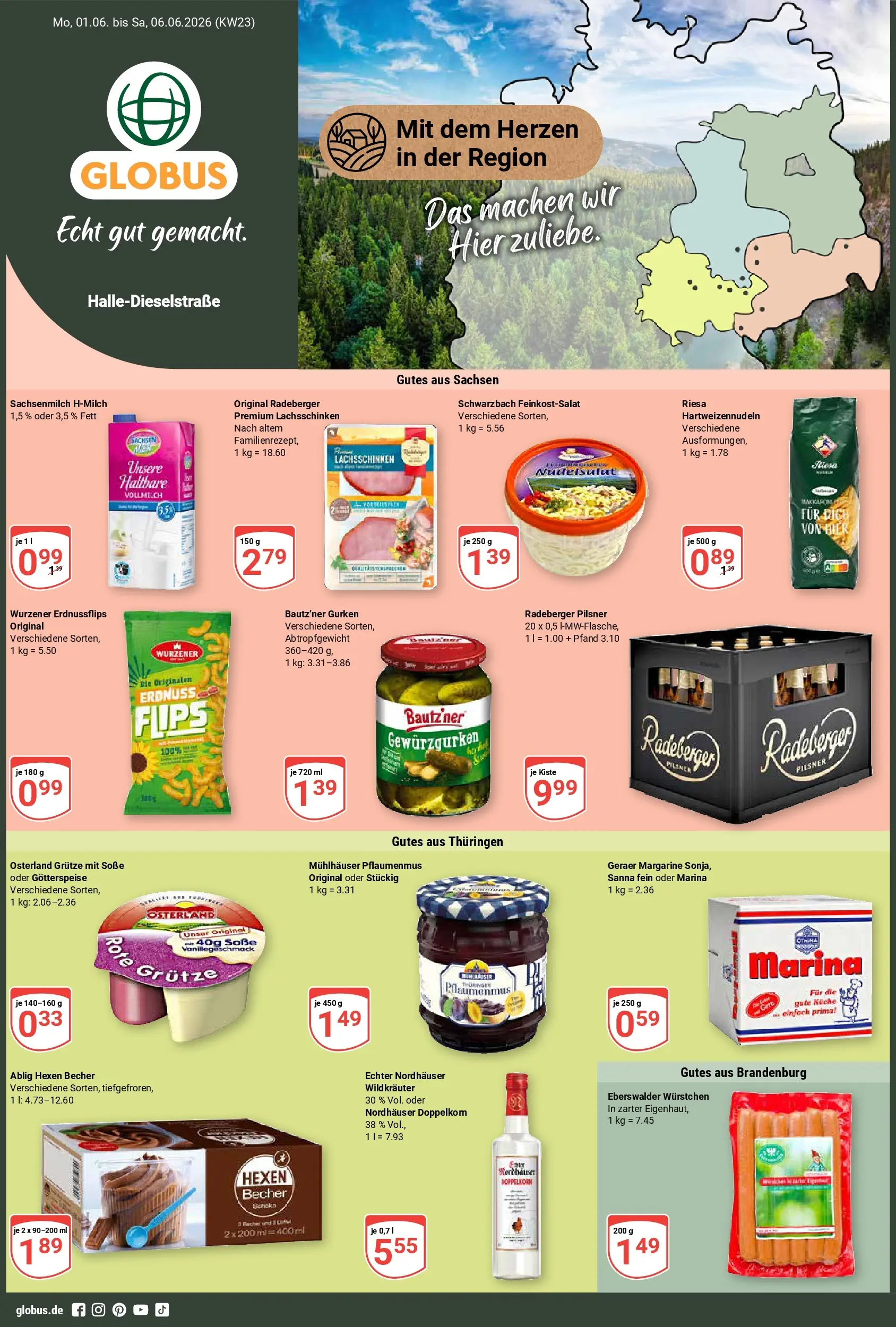 Globus Prospekt Halle (saale) (ab 01.06.2026) » Angebote online | Seite: 1 | Produkte: Margarine, Soße, Gurken, Radeberger pilsner
