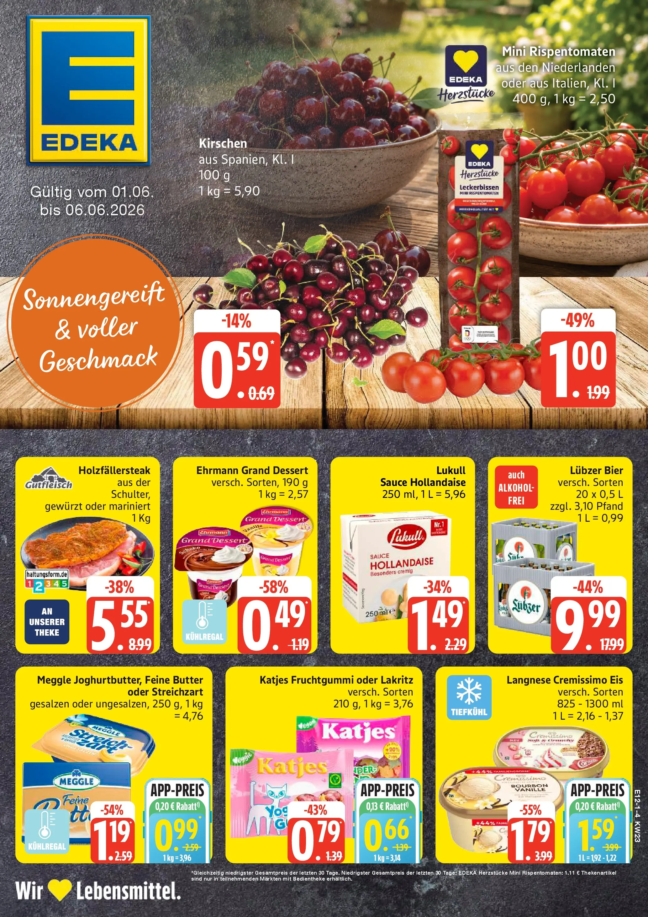 Edeka prospekt Rostock-Gehlsdorf (ab 01.06.2026) » Angebote Online | Seite: 1 | Produkte: Kirschen, Bourbon, Lubzer, Eis