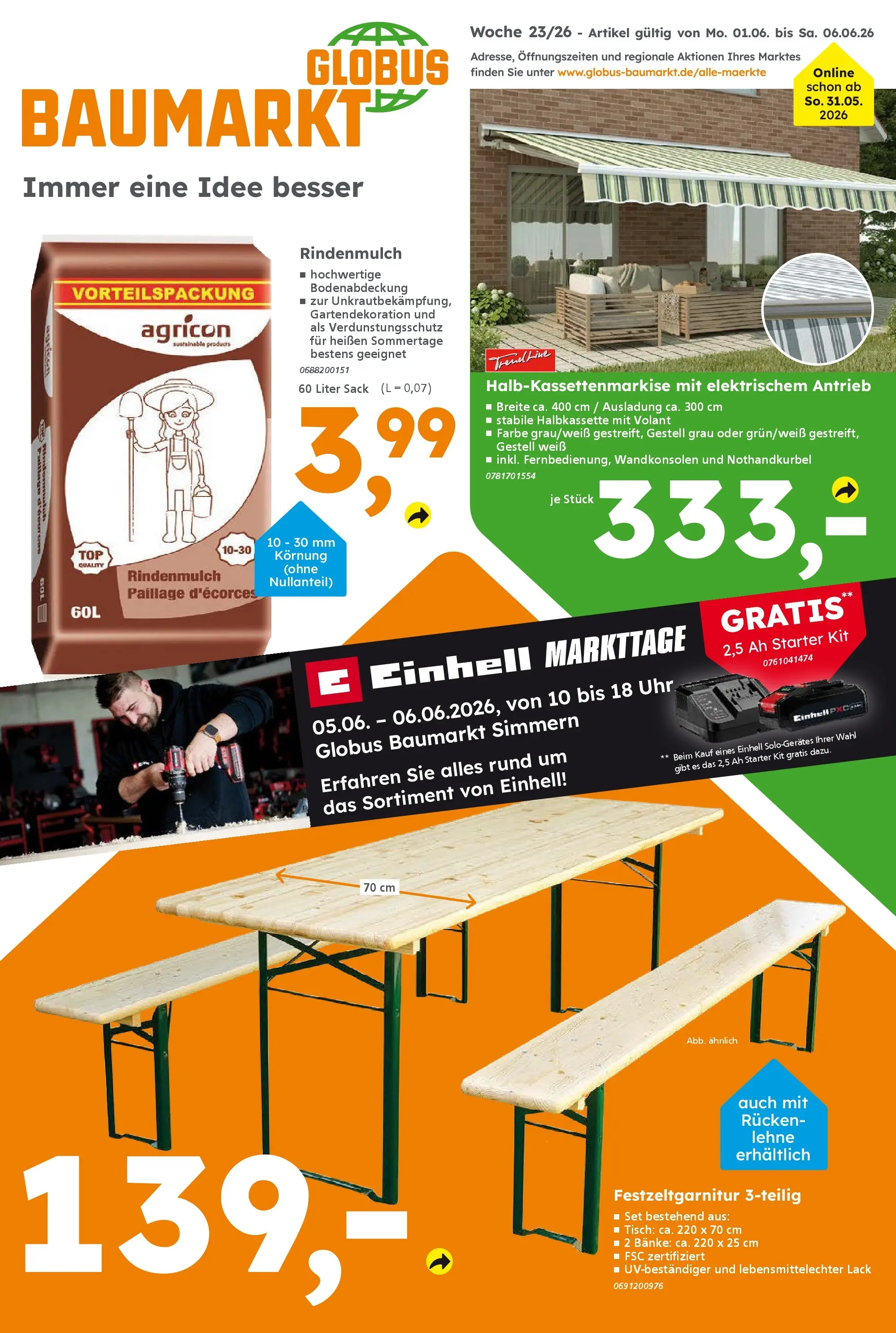 Globus Baumarkt Prospekt Simmern (ab 31.05.2026) zum Blättern | Seite: 1 | Produkte: Rindenmulch, Tisch, Uhr