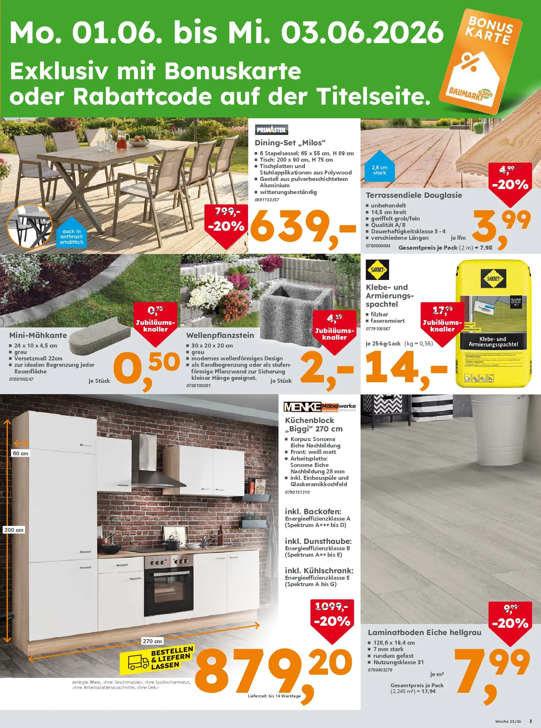 Globus Baumarkt Prospekt Plattling (ab 31.05.2026) zum Blättern | Seite: 3 | Produkte: Küchenblock, Tisch, Kühlschrank, Backofen