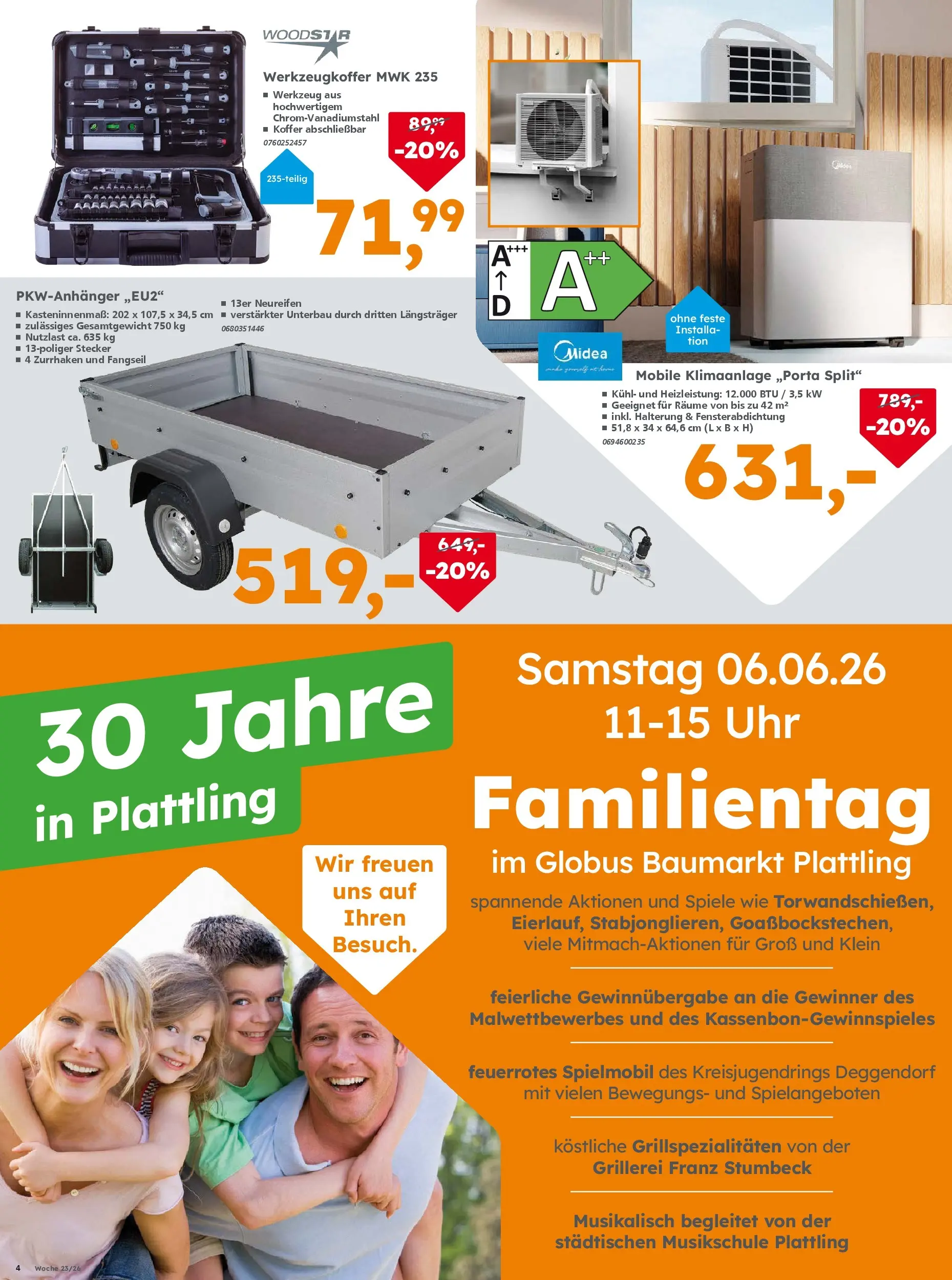 Globus Baumarkt Prospekt Plattling (ab 31.05.2026) zum Blättern | Seite: 4 | Produkte: Klimaanlage, Koffer, Uhr