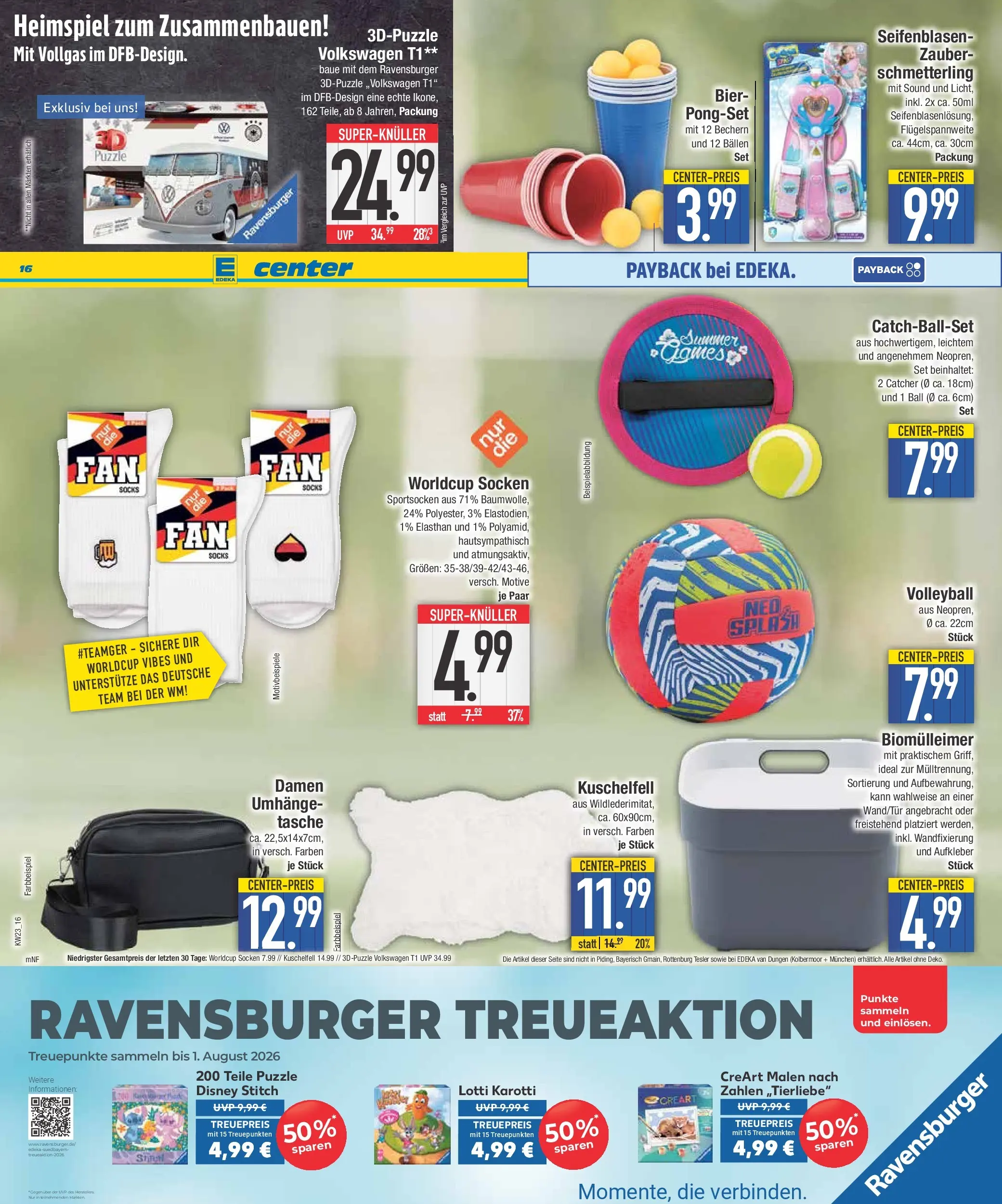 E center Prospekt Neuburg An Der Donau (ab 31.05.2026) zum Blättern | Seite: 16 | Produkte: Tasche, Bier, Volleyball, Socken