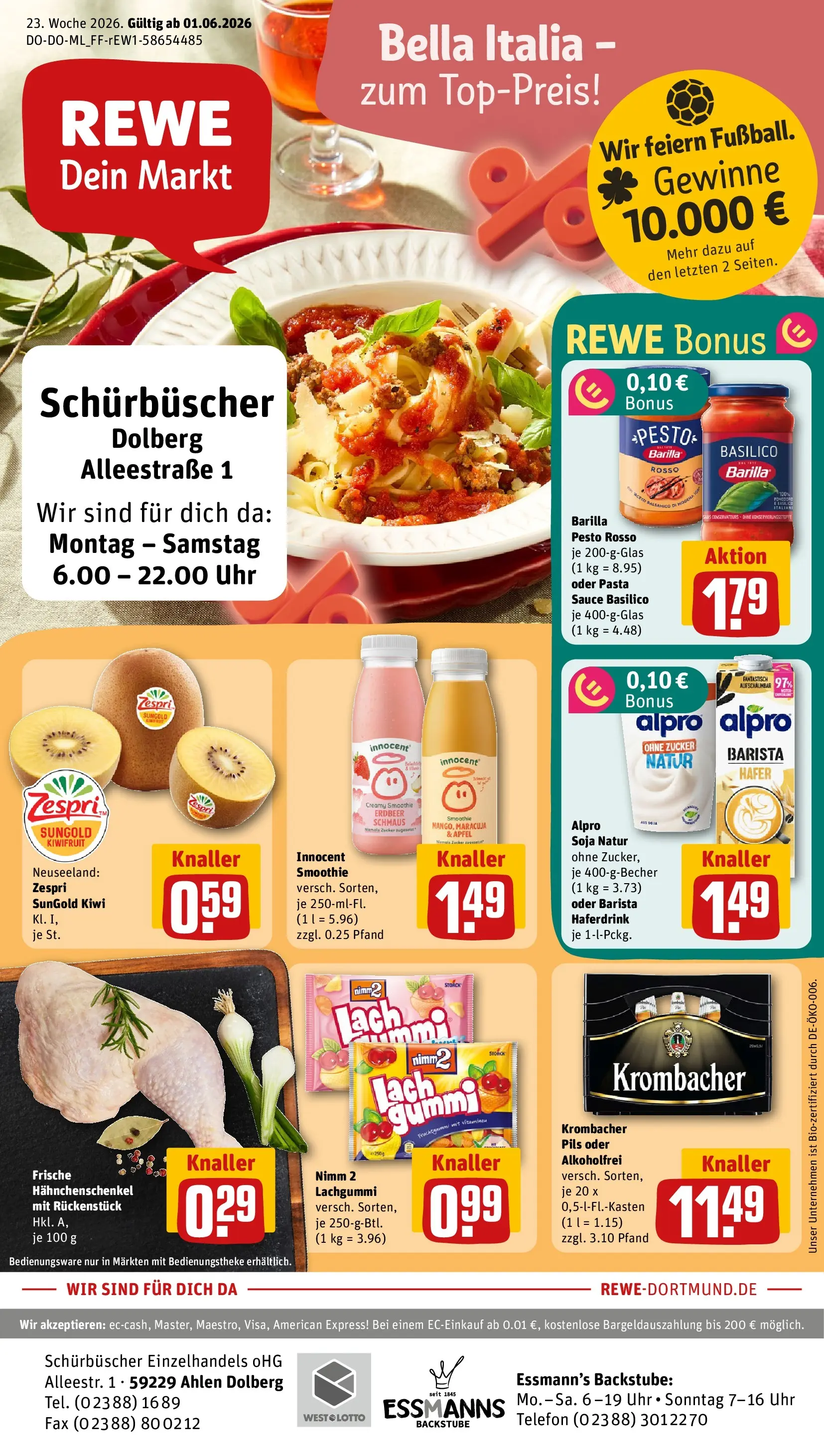 REWE Prospekt ab 01.06.2026 zum Blättern » Angebote | Seite: 1 | Produkte: Hahnchenschenkel, Barilla pesto, Äpfel, Uhr