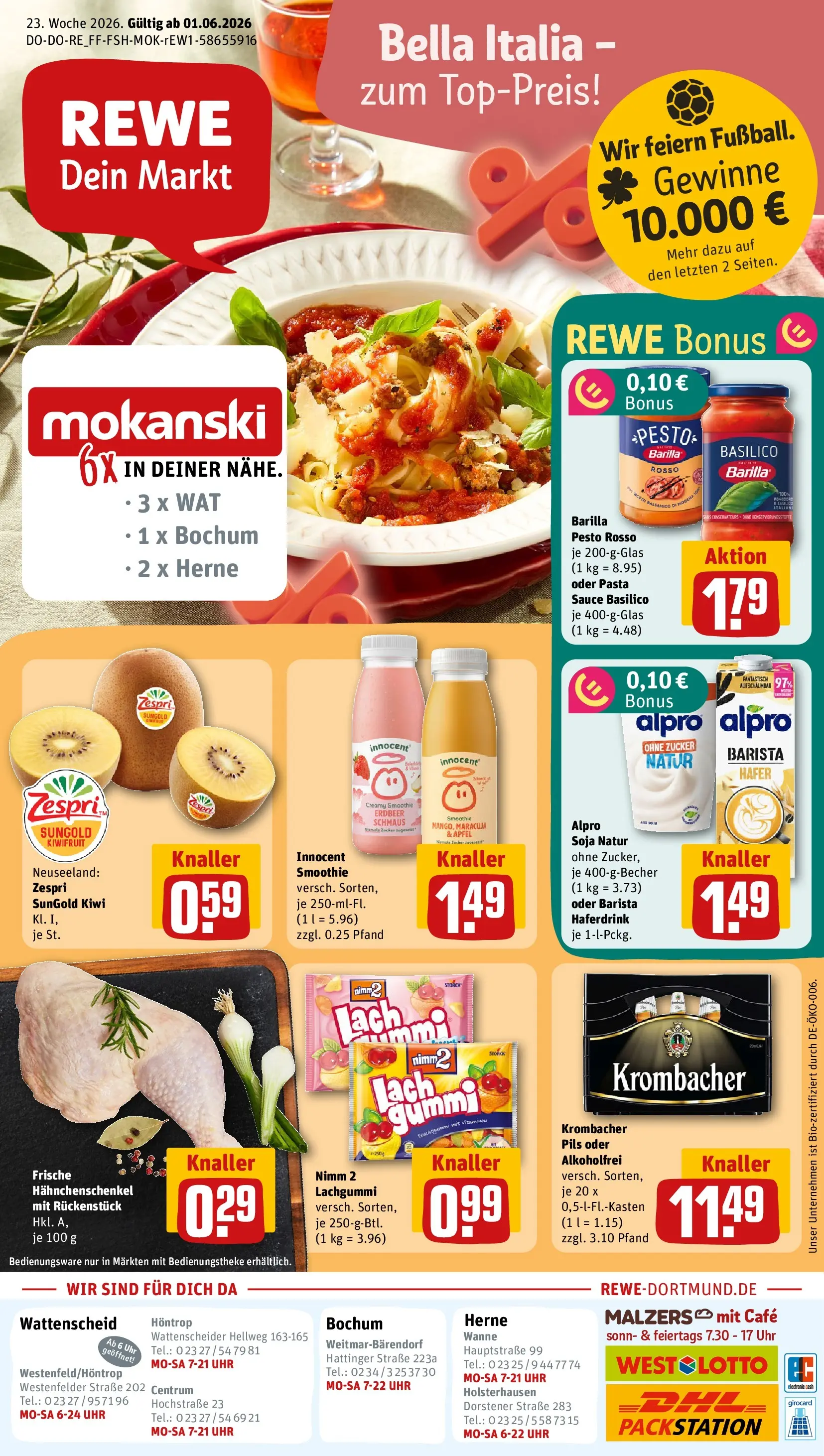 REWE Prospekt ab 01.06.2026 zum Blättern » Angebote | Seite: 1 | Produkte: Hahnchenschenkel, Haferdrink, Alpro, Zucker