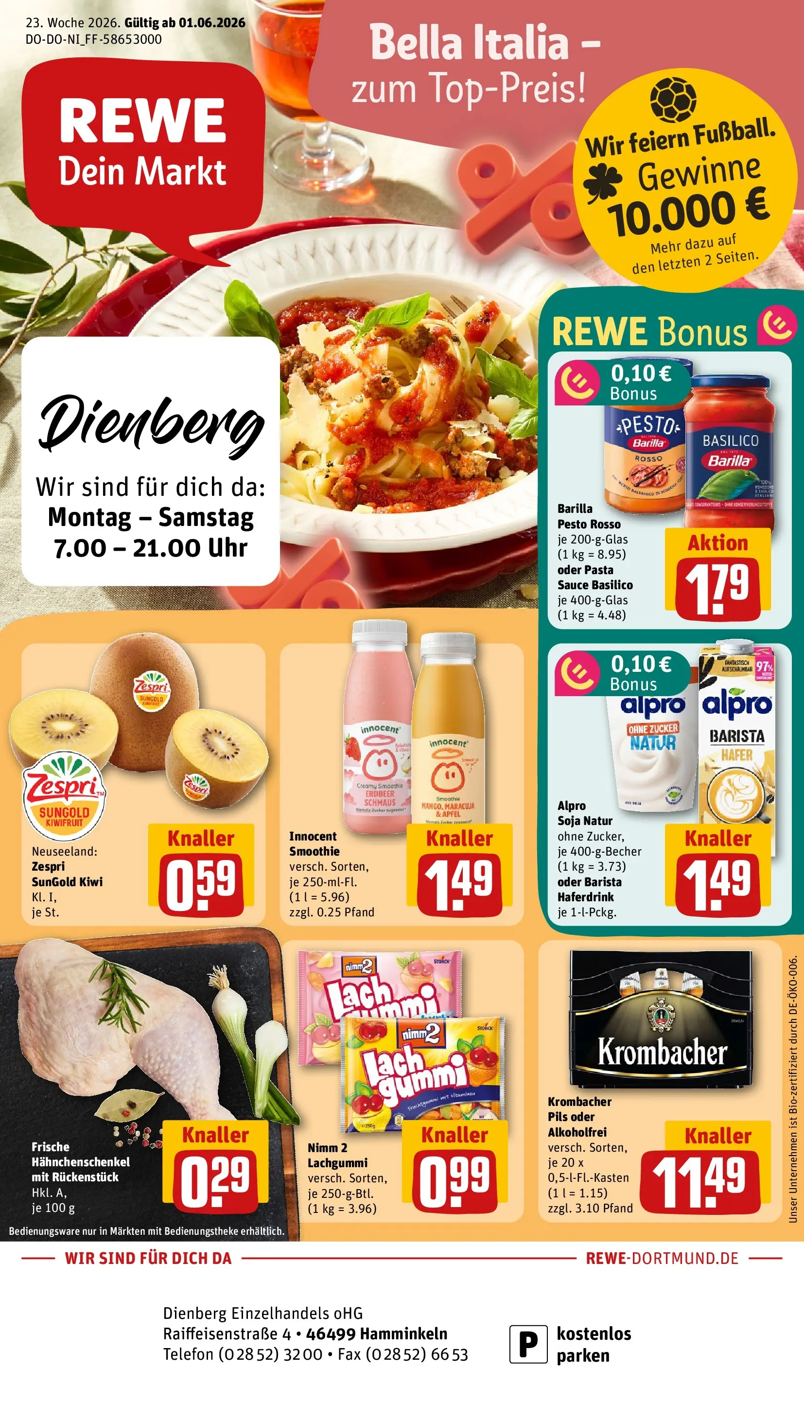 REWE Prospekt ab 01.06.2026 zum Blättern » Angebote | Seite: 1 | Produkte: Barilla pesto, Pils, Haferdrink, Krombacher