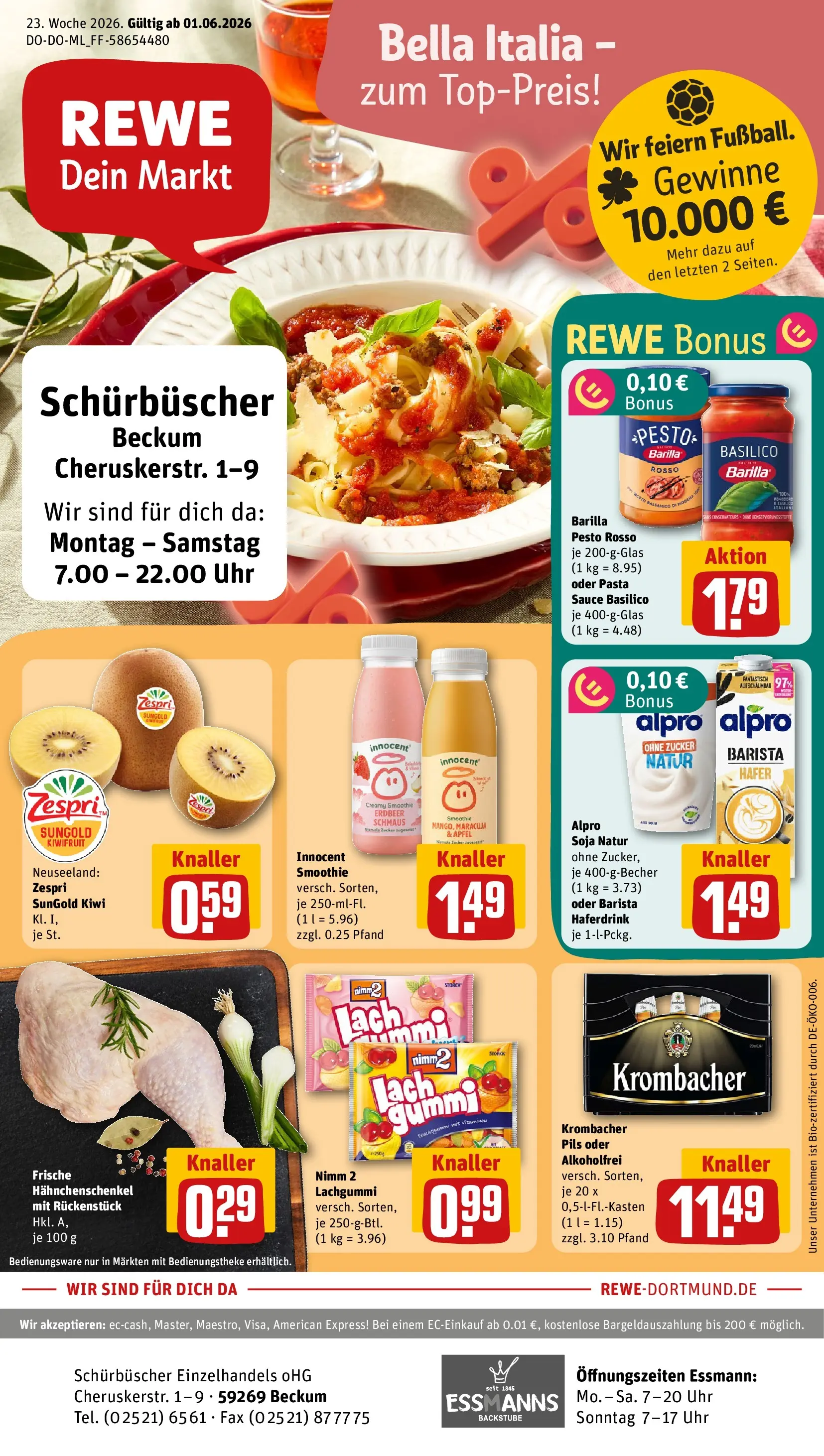 REWE Prospekt ab 01.06.2026 zum Blättern » Angebote | Seite: 1 | Produkte: Barilla, Äpfel, Alpro, Krombacher