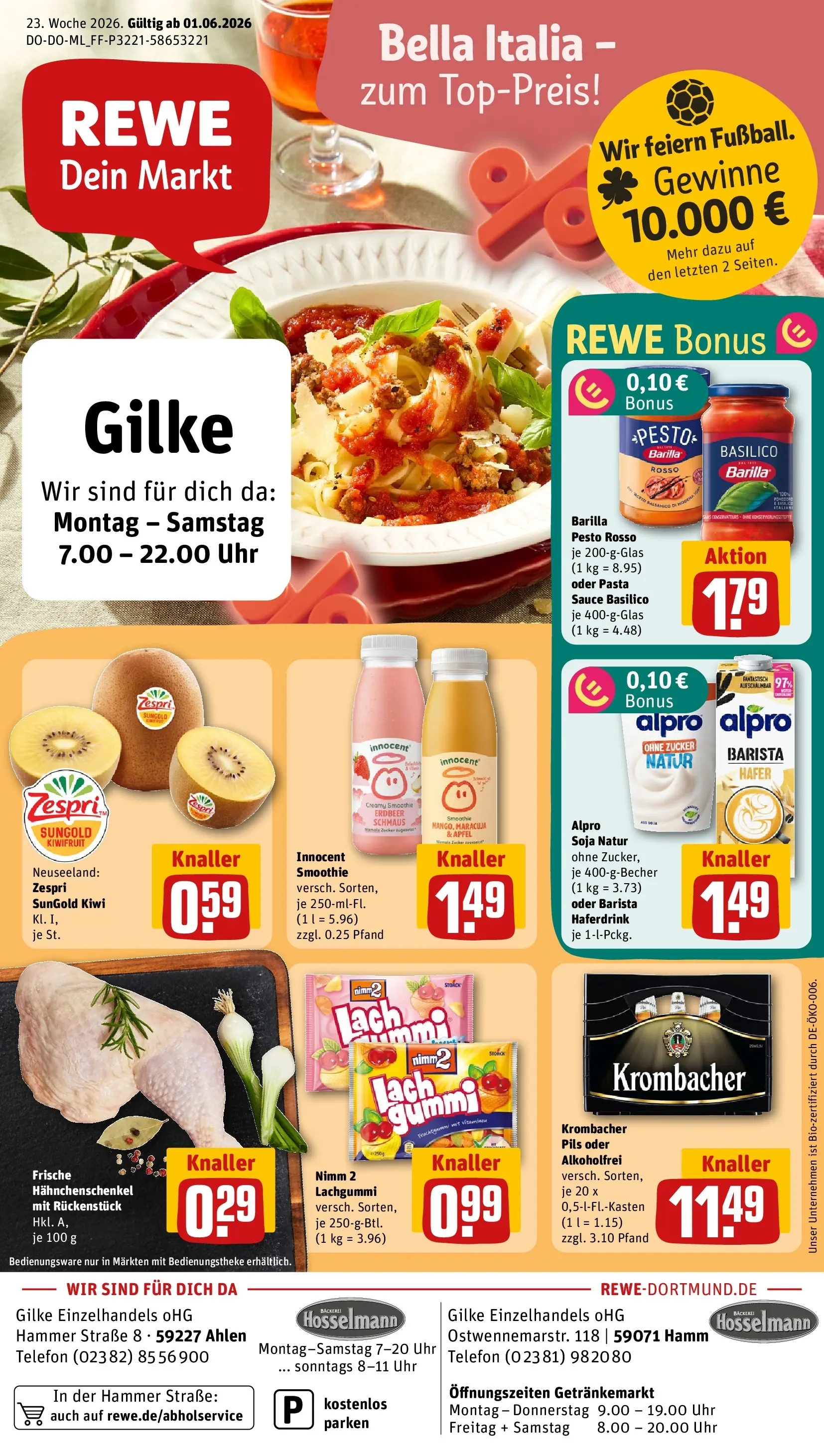 REWE Prospekt ab 01.06.2026 zum Blättern » Angebote | Seite: 1 | Produkte: Barilla pesto, Alpro, Pasta, Telefon