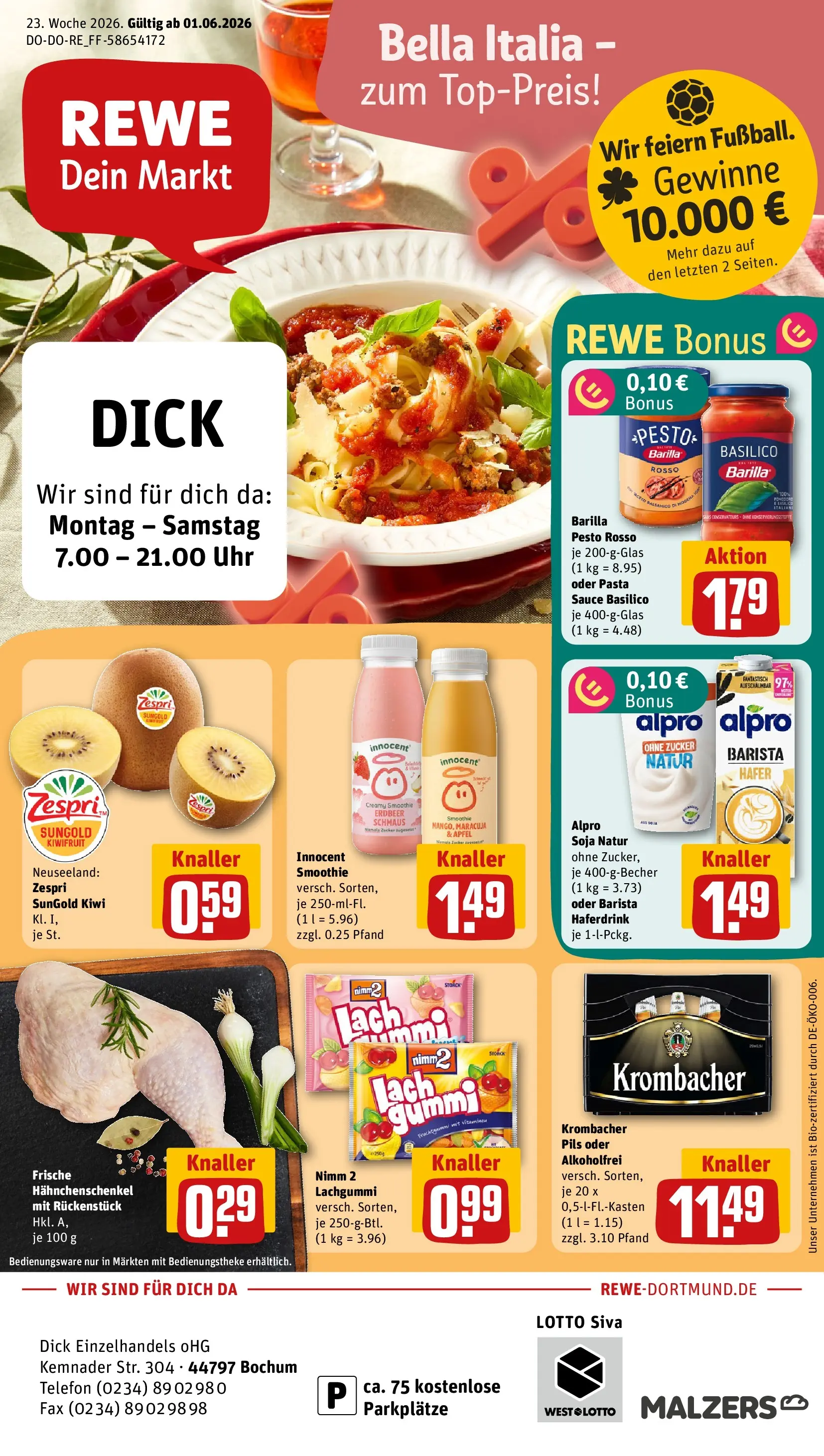 REWE Prospekt ab 01.06.2026 zum Blättern » Angebote | Seite: 1 | Produkte: Barilla pesto, Äpfel, Haferdrink, Uhr