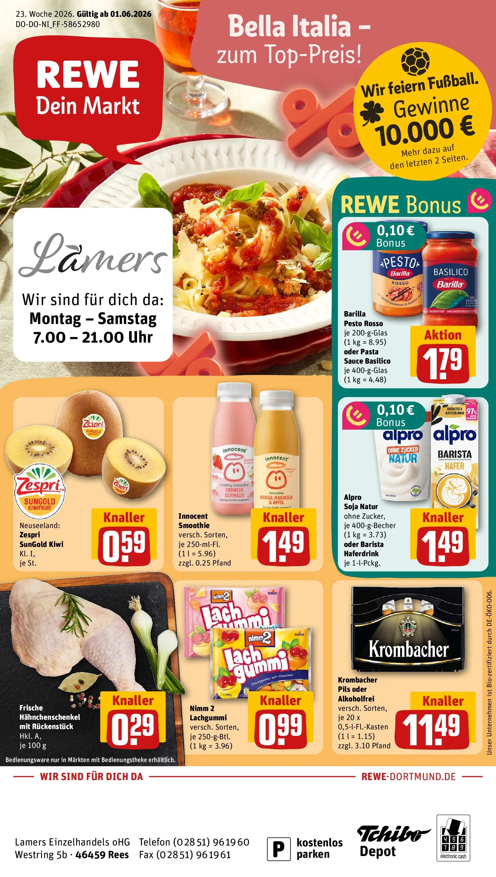 REWE Prospekt ab 01.06.2026 zum Blättern » Angebote | Seite: 1 | Produkte: Hahnchenschenkel, Pils, Krombacher, Pasta