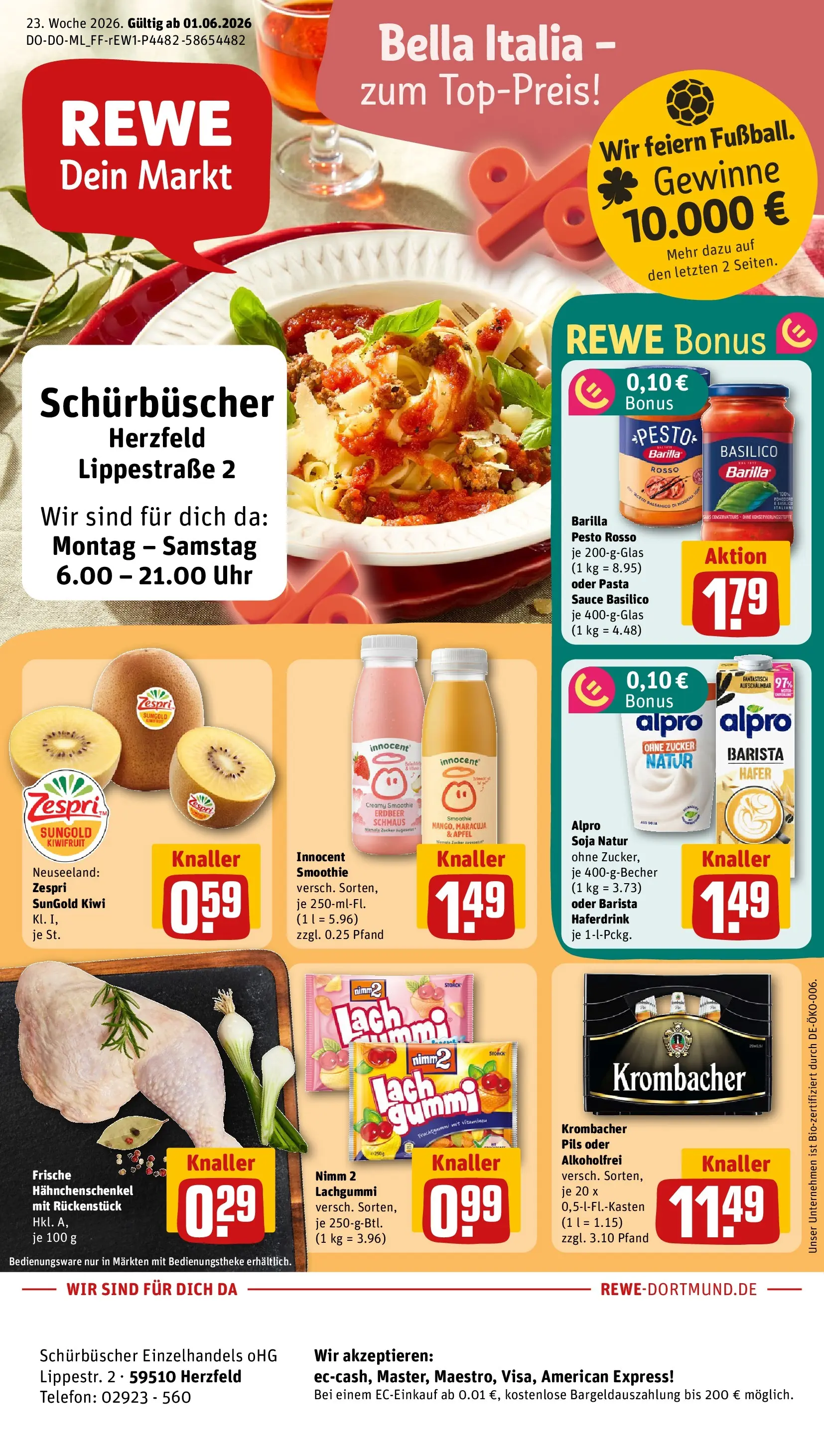 REWE Prospekt ab 01.06.2026 zum Blättern » Angebote | Seite: 1 | Produkte: Hahnchenschenkel, Barilla, Pasta, Uhr