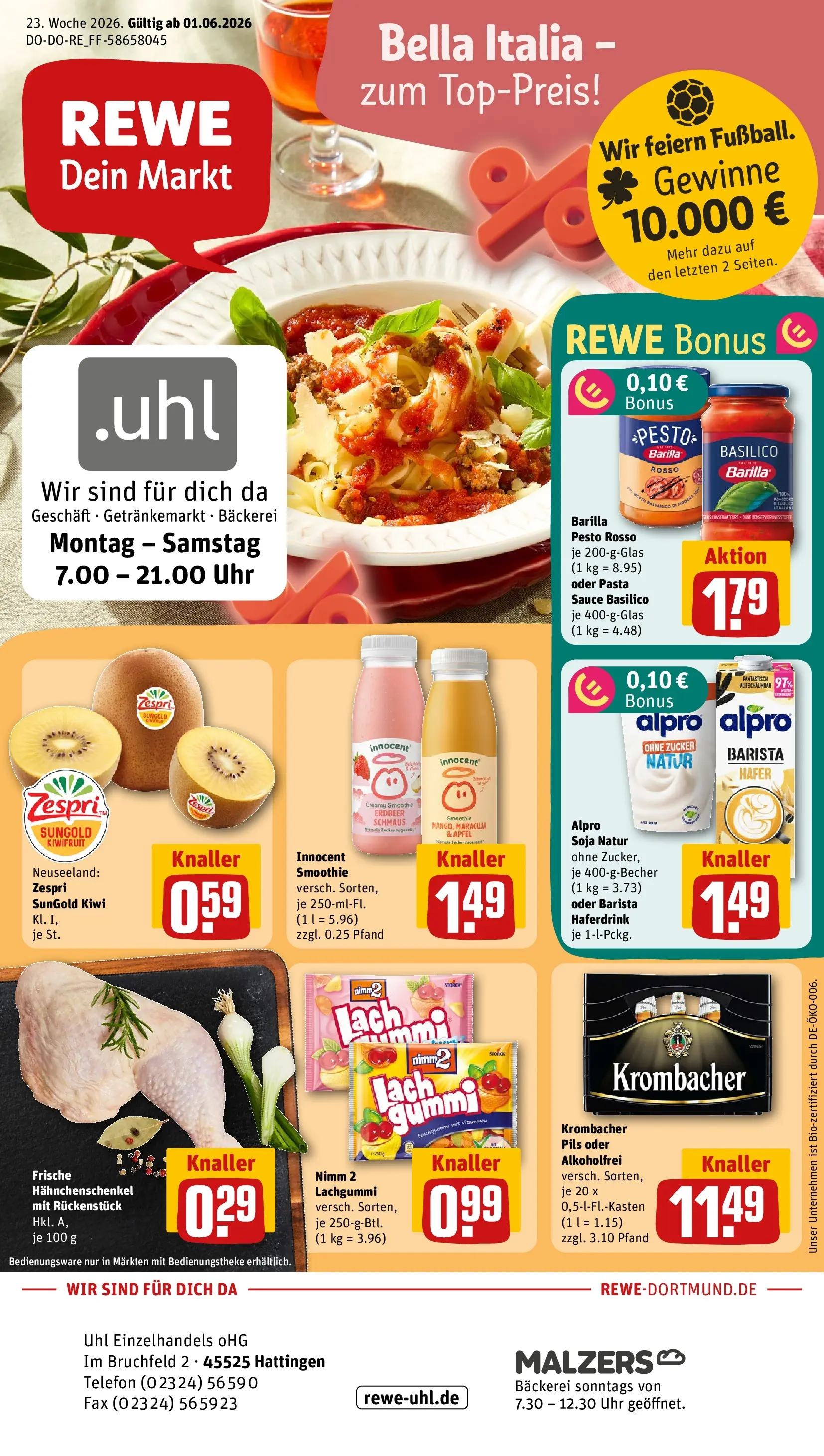 REWE Prospekt ab 01.06.2026 zum Blättern » Angebote | Seite: 1 | Produkte: Bäckerei, Haferdrink, Kiwi, Uhr