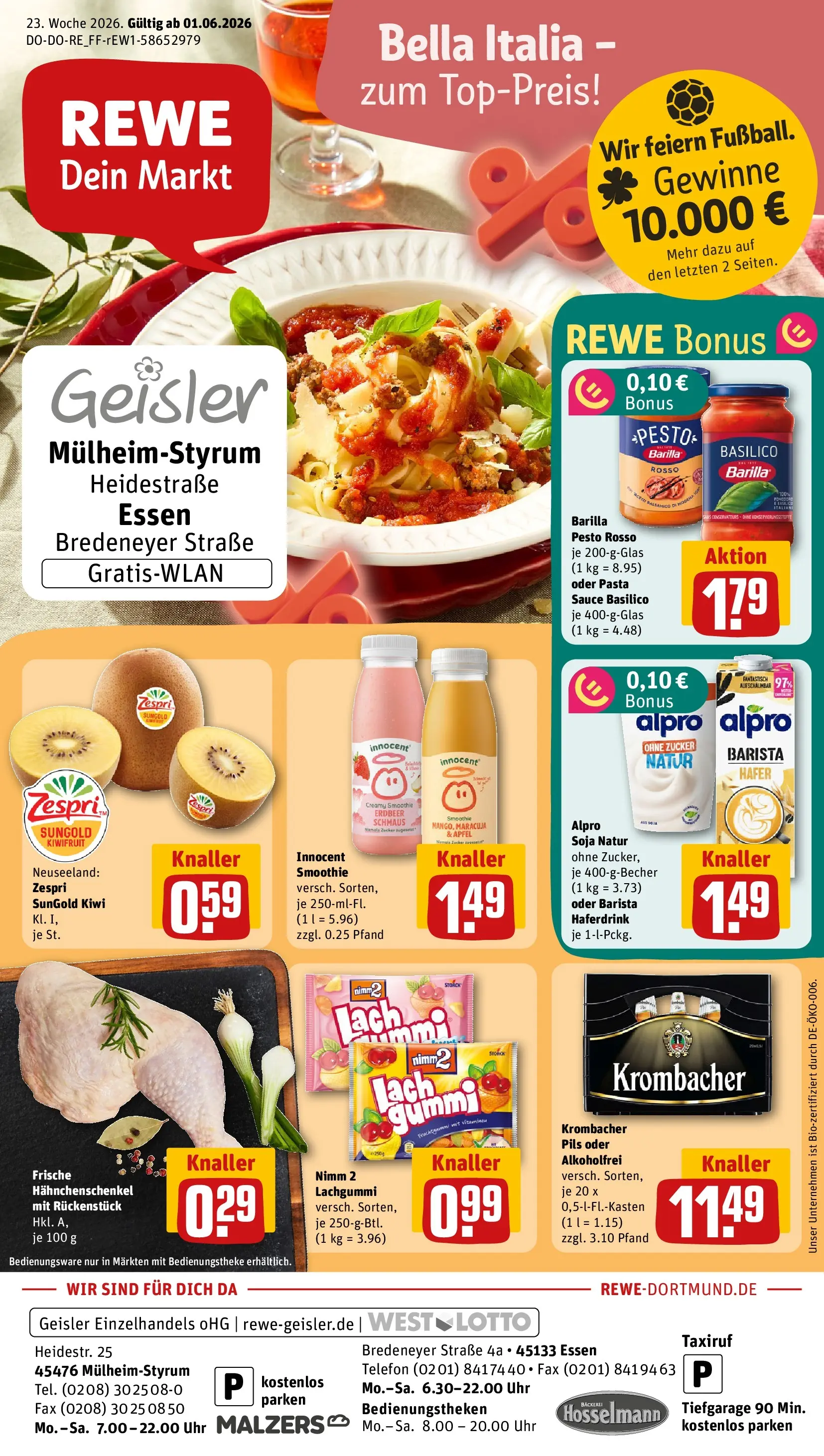 REWE Prospekt ab 01.06.2026 zum Blättern » Angebote | Seite: 1 | Produkte: Barilla, Alpro, Krombacher, Uhr