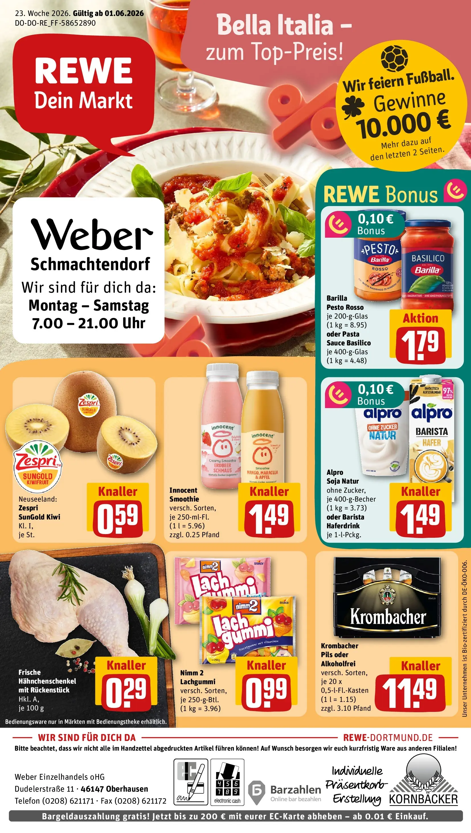 REWE Prospekt ab 01.06.2026 zum Blättern » Angebote | Seite: 1 | Produkte: Hahnchenschenkel, Äpfel, Alpro, Krombacher