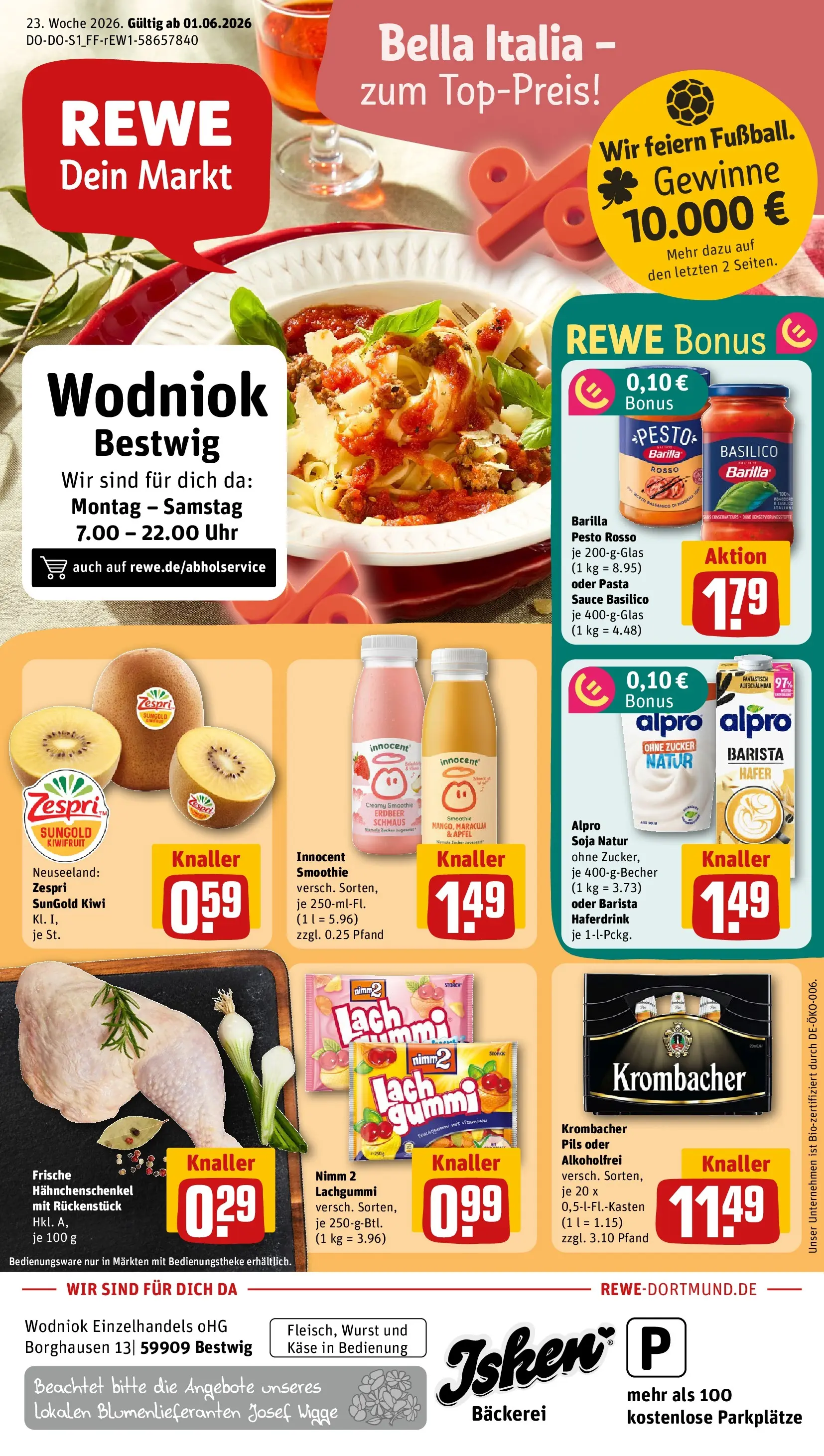REWE Prospekt ab 01.06.2026 zum Blättern » Angebote | Seite: 1 | Produkte: Barilla pesto, Haferdrink, Wurst, Uhr