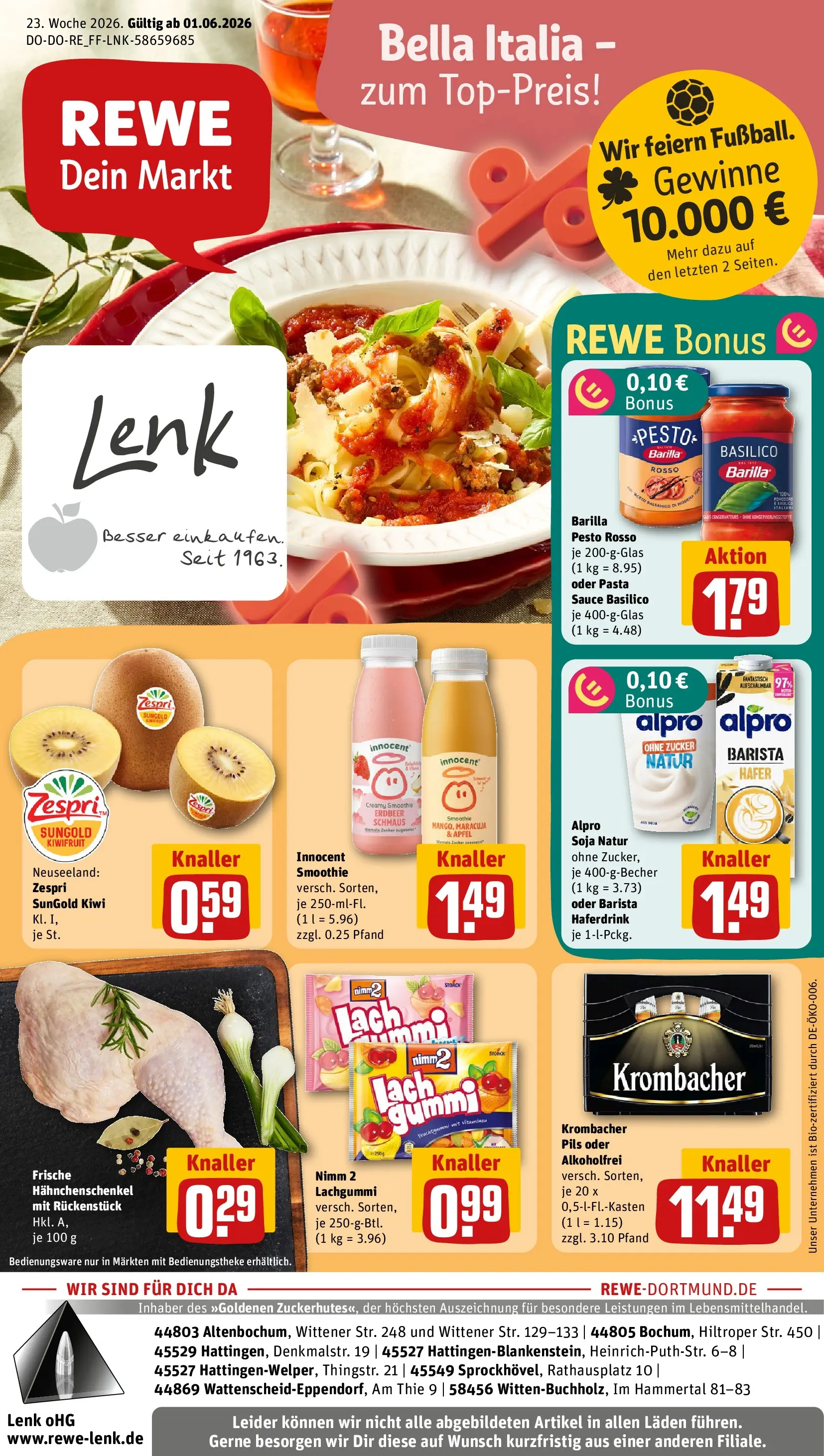 REWE Prospekt ab 01.06.2026 zum Blättern » Angebote | Seite: 1 | Produkte: Hahnchenschenkel, Barilla pesto, Pils, Alpro