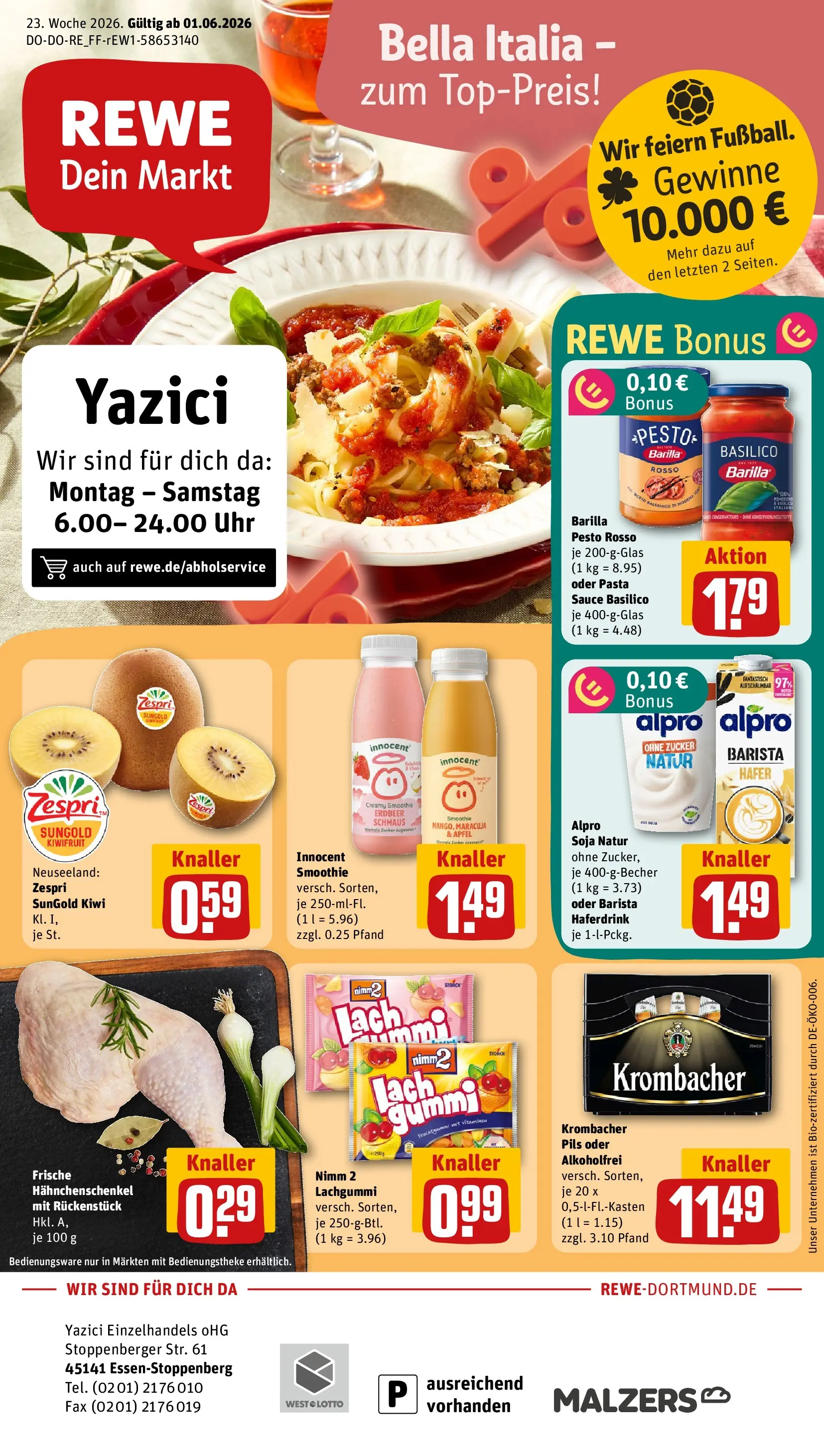 REWE Prospekt ab 01.06.2026 zum Blättern » Angebote | Seite: 1 | Produkte: Barilla, Barilla pesto, Alpro, Krombacher