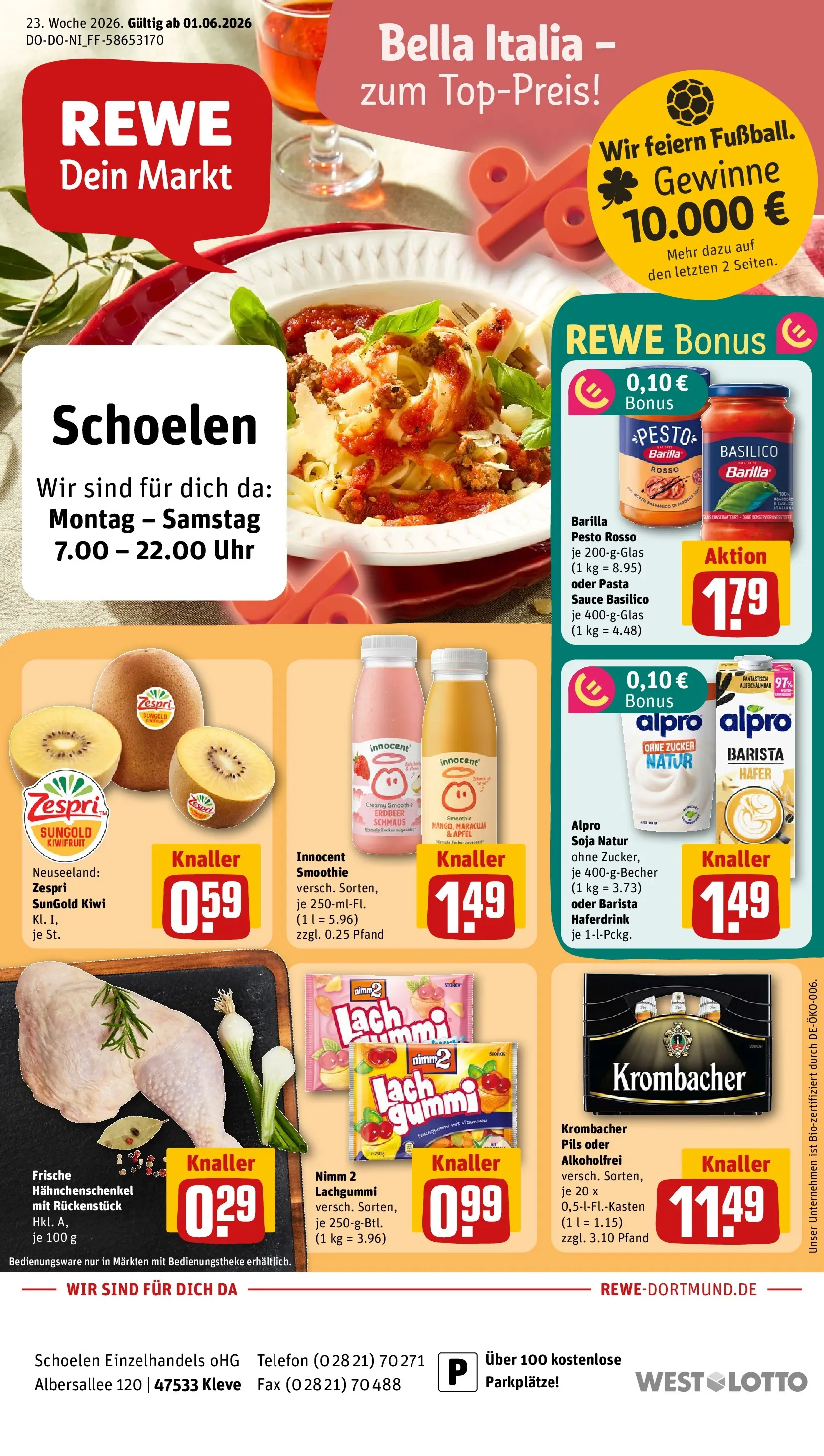 REWE Prospekt ab 01.06.2026 zum Blättern » Angebote | Seite: 1 | Produkte: Hahnchenschenkel, Haferdrink, Krombacher, Uhr